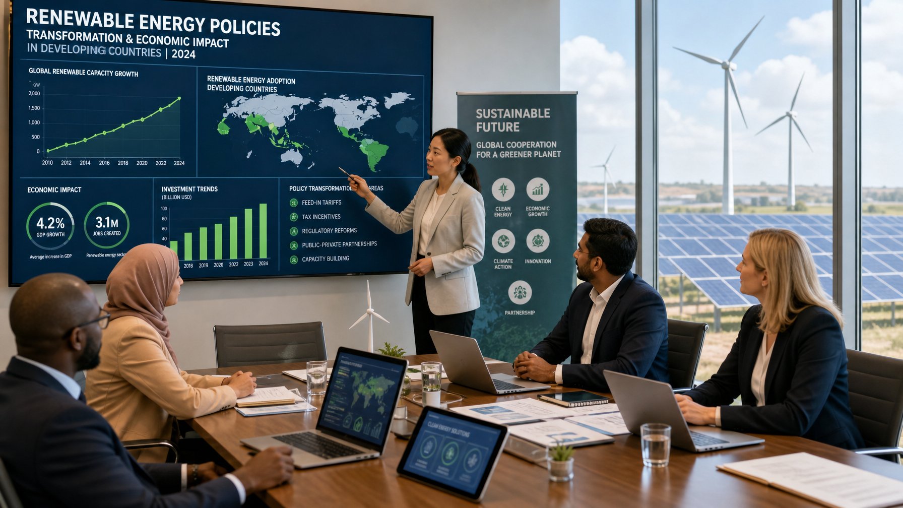 Sekelompok profesional berdiskusi di ruang konferensi modern dengan layar digital menampilkan data energi terbarukan dan grafik ekonomi, latar belakang terlihat panel surya dan turbin angin.