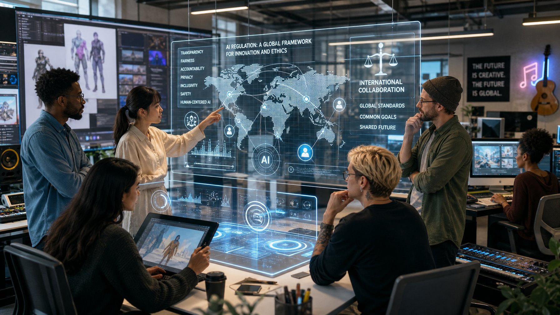 Sekelompok profesional kreatif dari berbagai latar belakang sedang bekerja bersama di kantor modern dengan layar digital dan grafik futuristik yang menunjukkan regulasi AI internasional.