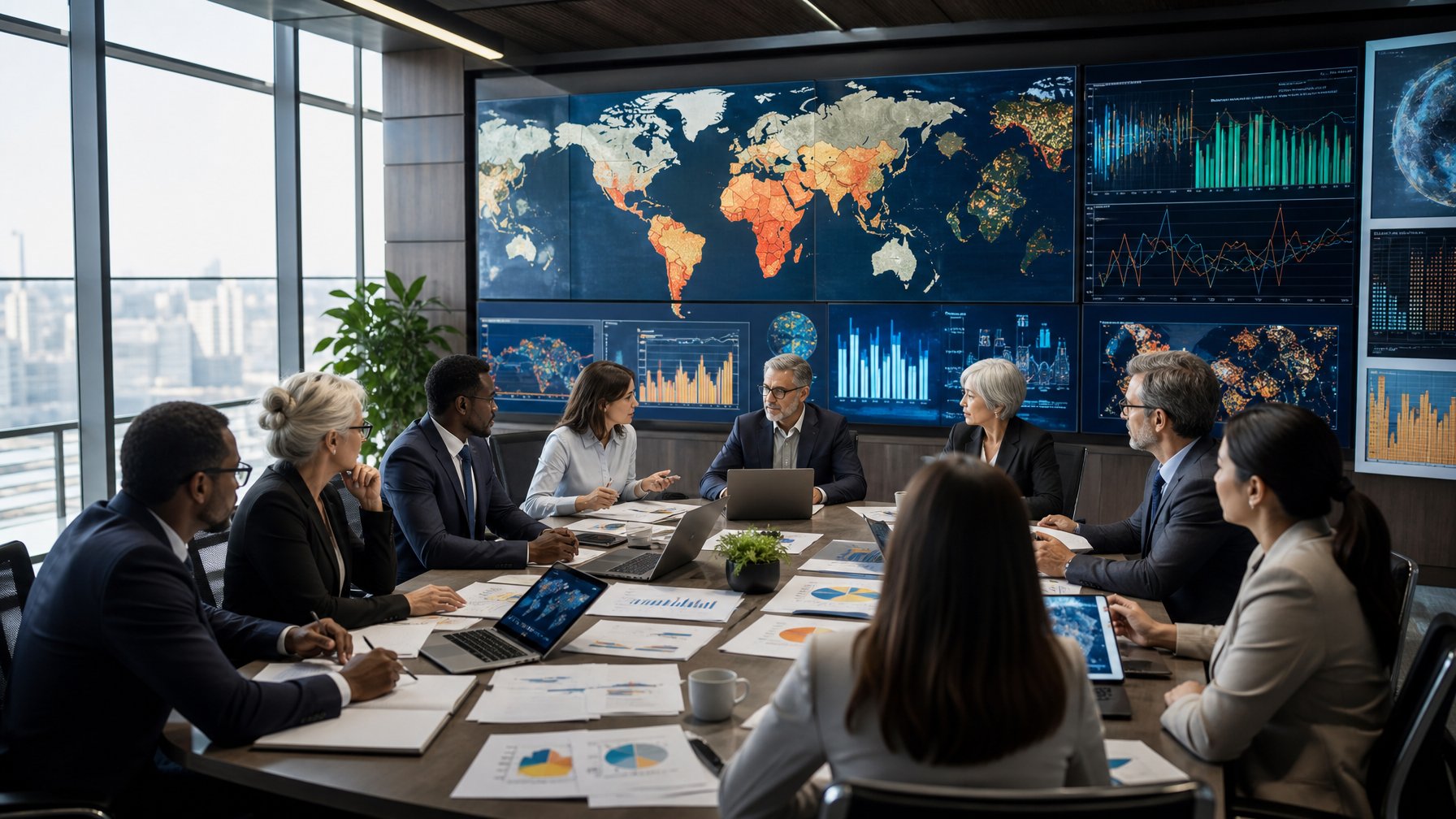 Sekelompok profesional serius sedang berdiskusi di ruang konferensi modern dengan layar besar yang menampilkan data tentang kelangkaan pangan global.