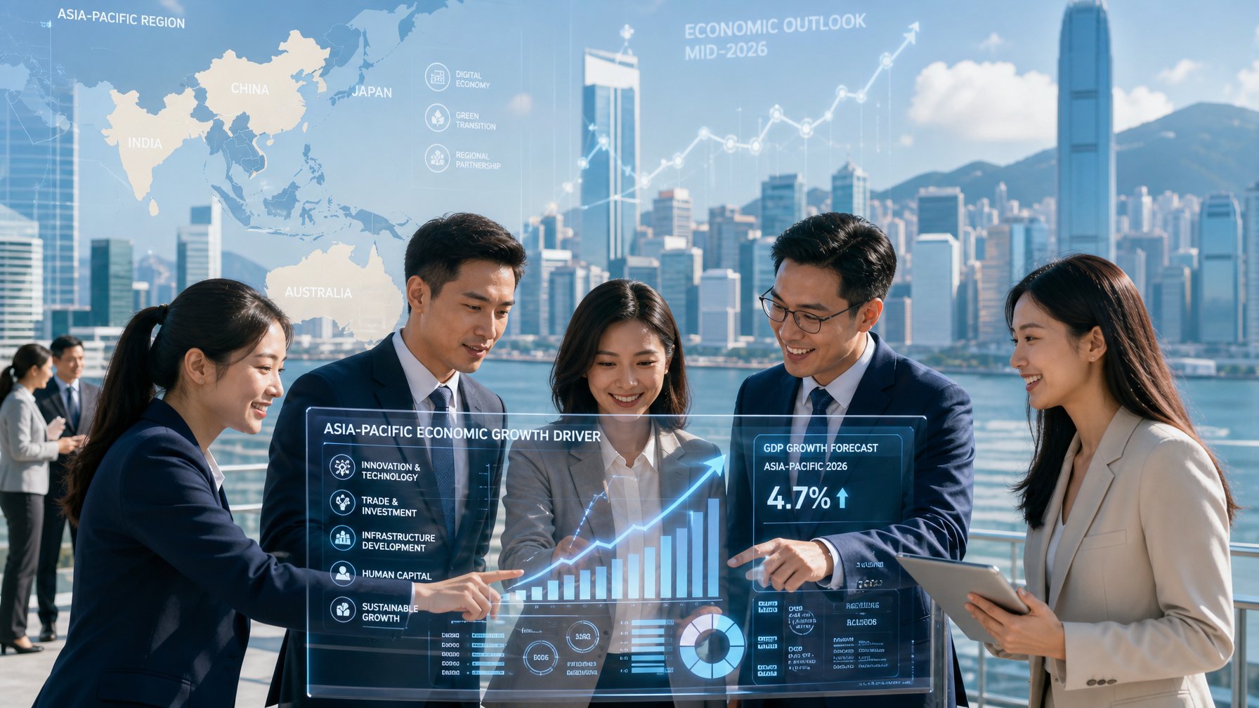Sekelompok profesional bisnis Asia sedang berdiskusi dengan latar belakang kota modern dan grafik pertumbuhan ekonomi.
