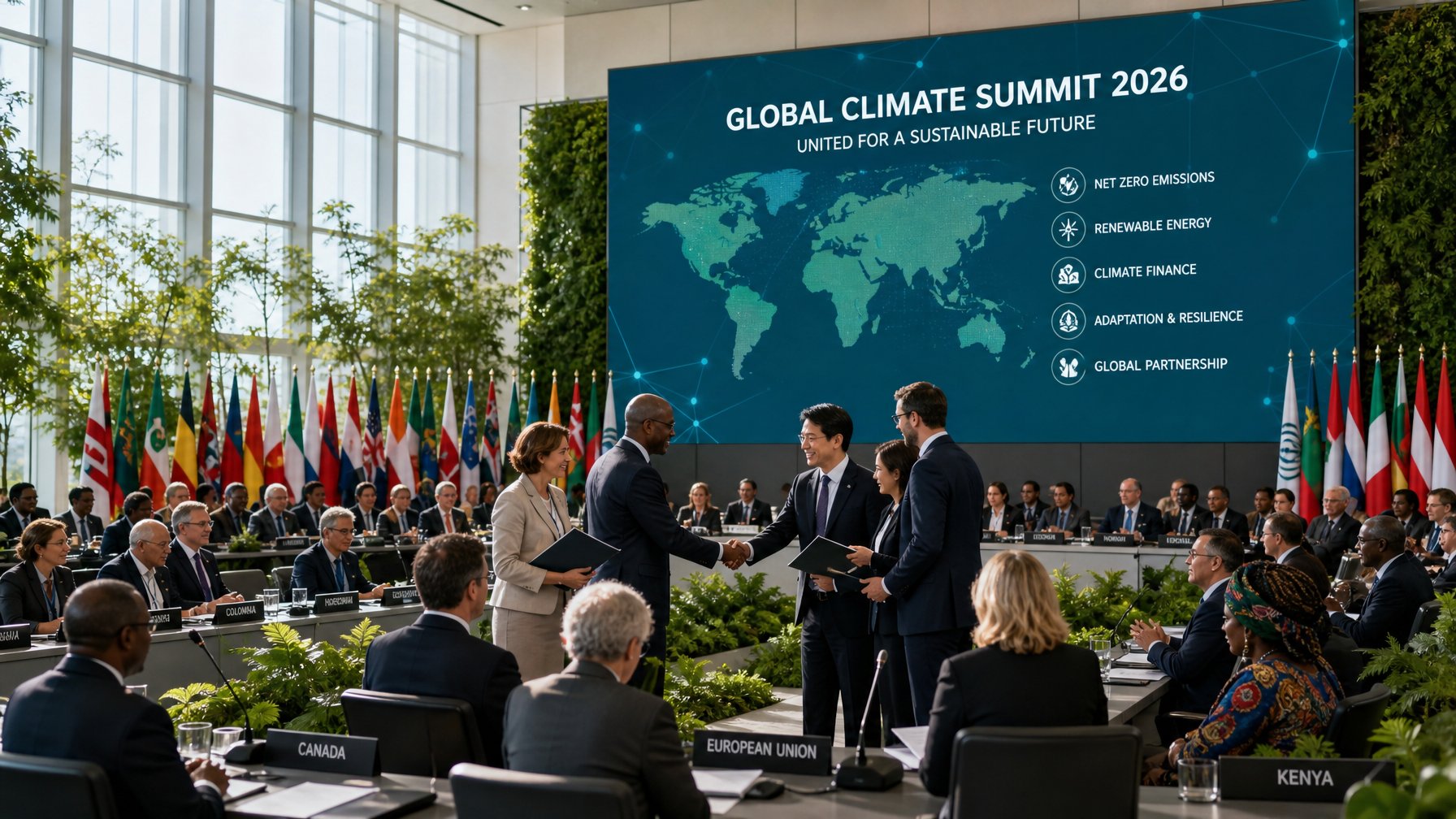 Sejumlah delegasi internasional sedang berdiskusi dan menandatangani perjanjian di ruang konferensi besar terkait penanganan perubahan iklim global.