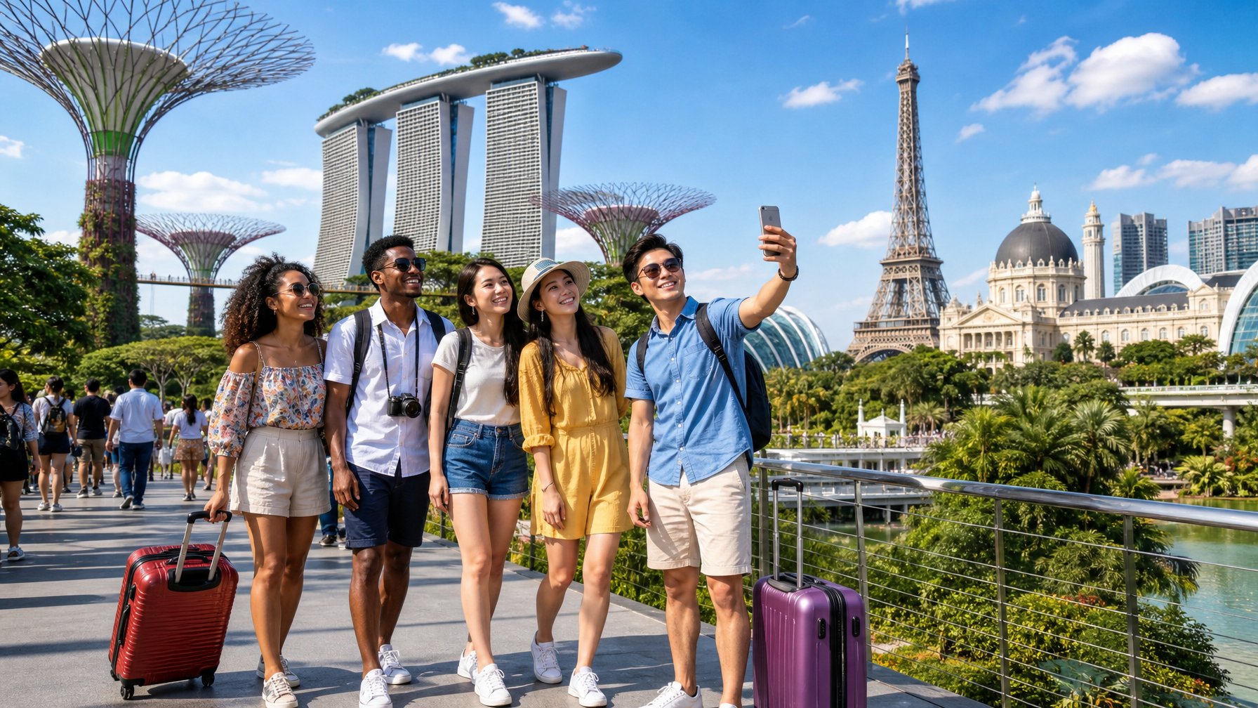 Sekelompok wisatawan internasional sedang menikmati destinasi wisata populer dengan pemandangan kota dan landmark terkenal di latar belakang.