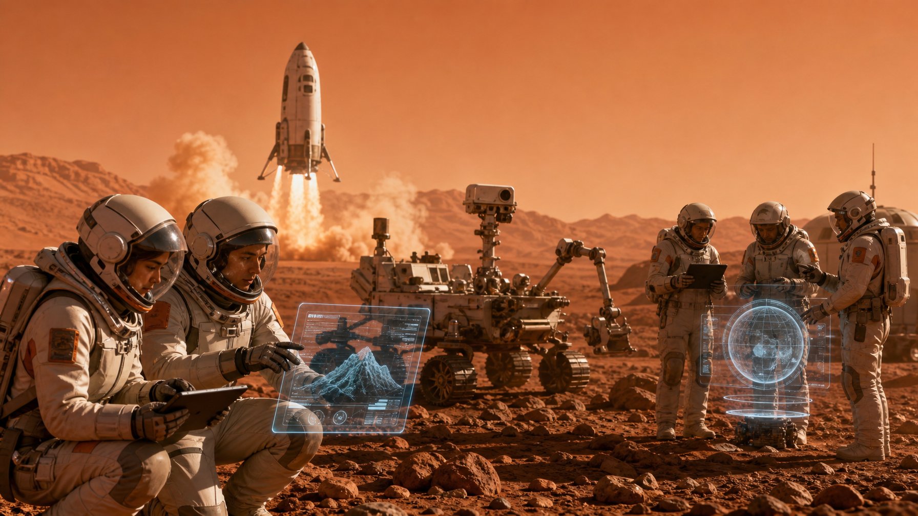 Tim ilmuwan dan insinyur internasional bekerja sama di permukaan Mars dengan rover dan pesawat ruang angkasa di latar belakang.