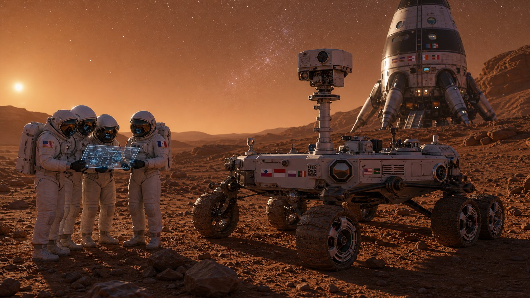 Sebuah rover Mars modern dan ilmuwan dalam pakaian antariksa sedang mengeksplorasi permukaan Mars dengan pesawat ruang angkasa di latar belakang.