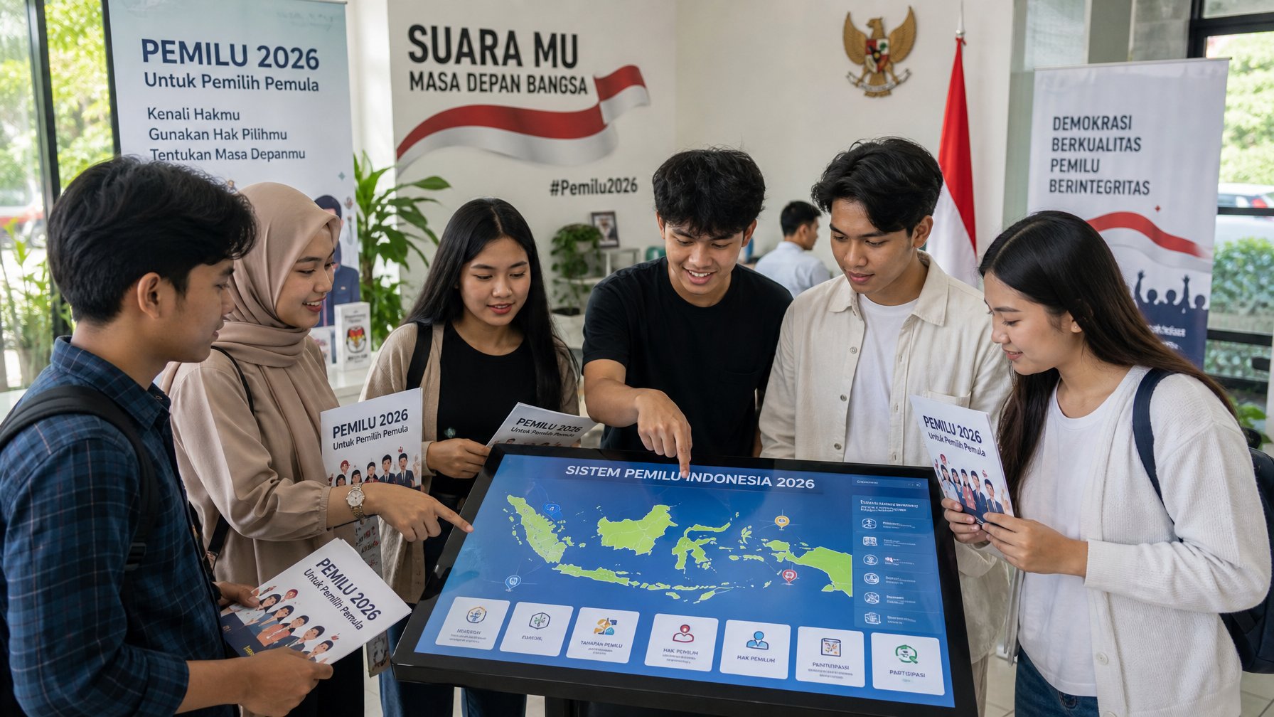 Sekelompok pemilih muda Indonesia sedang berdiskusi dan melihat layar sentuh interaktif tentang sistem pemilu terbaru di pusat komunitas.