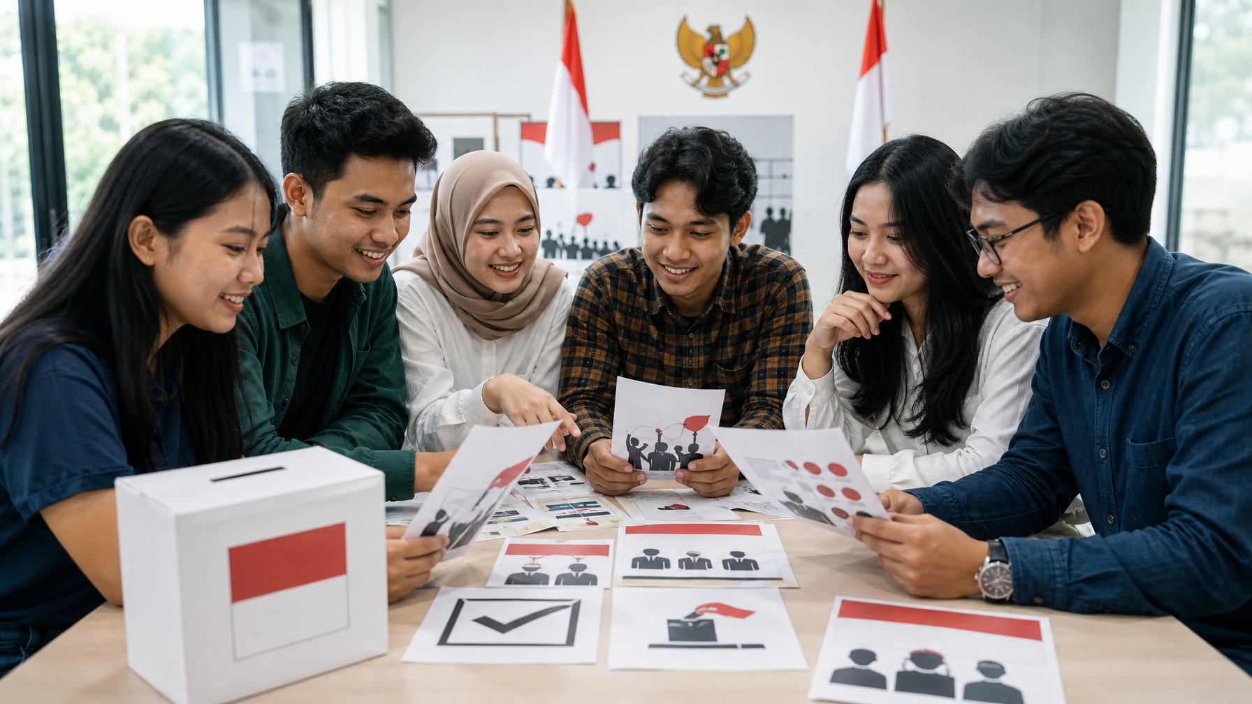 Sekelompok orang muda Indonesia sedang belajar bersama tentang sistem pemilu di sebuah ruangan dengan bendera Indonesia di latar belakang.
