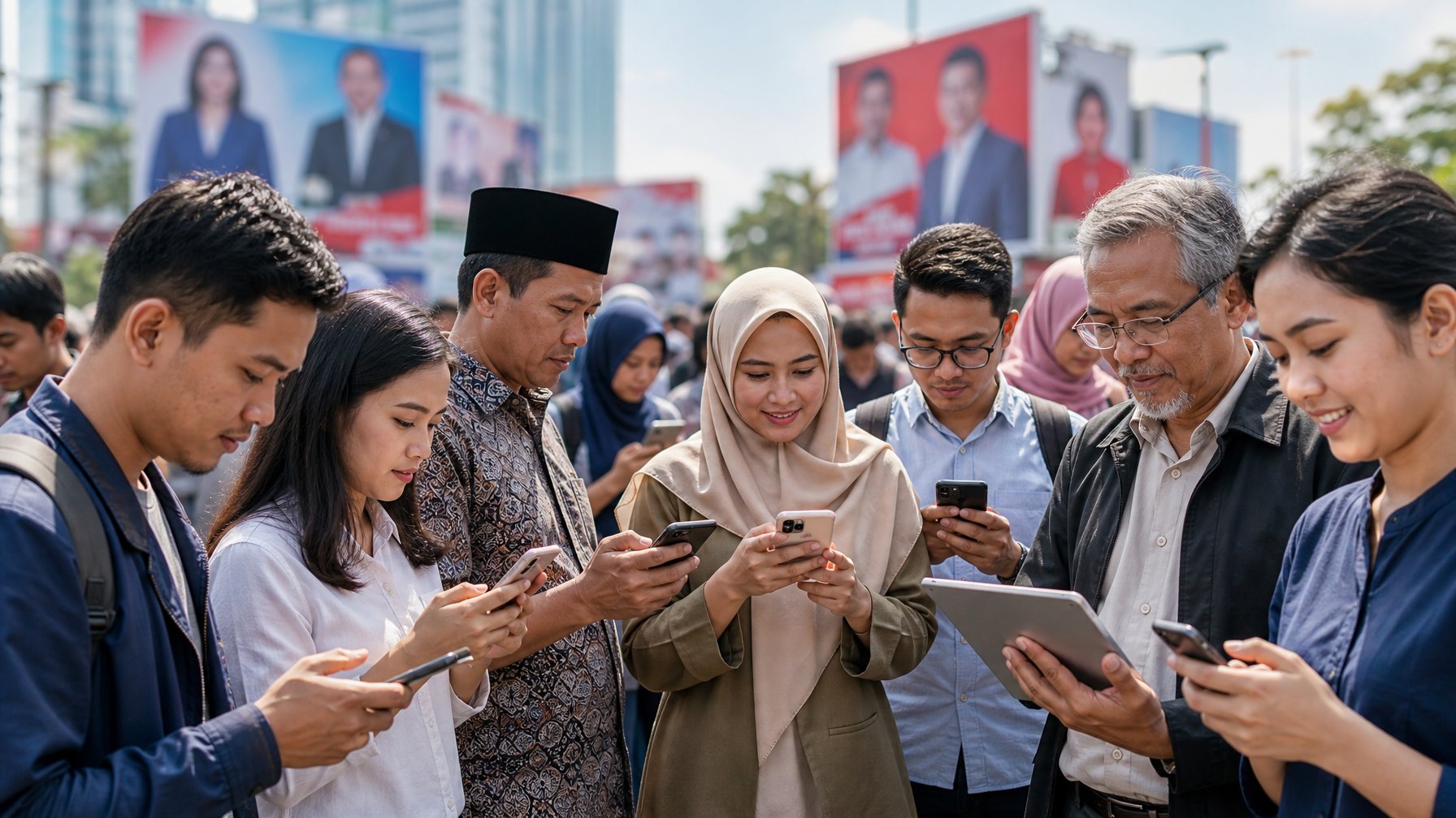 Sekelompok orang Indonesia menggunakan ponsel dan tablet di ruang kota modern, sedang melihat konten media sosial terkait pemilihan daerah.