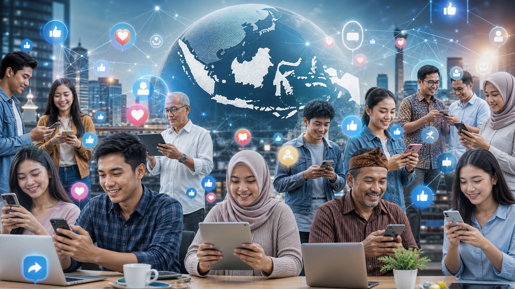 Sekelompok orang dari berbagai usia menggunakan perangkat digital untuk mengakses media sosial, dengan latar belakang elemen digital yang melambangkan penyebaran informasi politik menjelang Pilkada Serentak 2026.