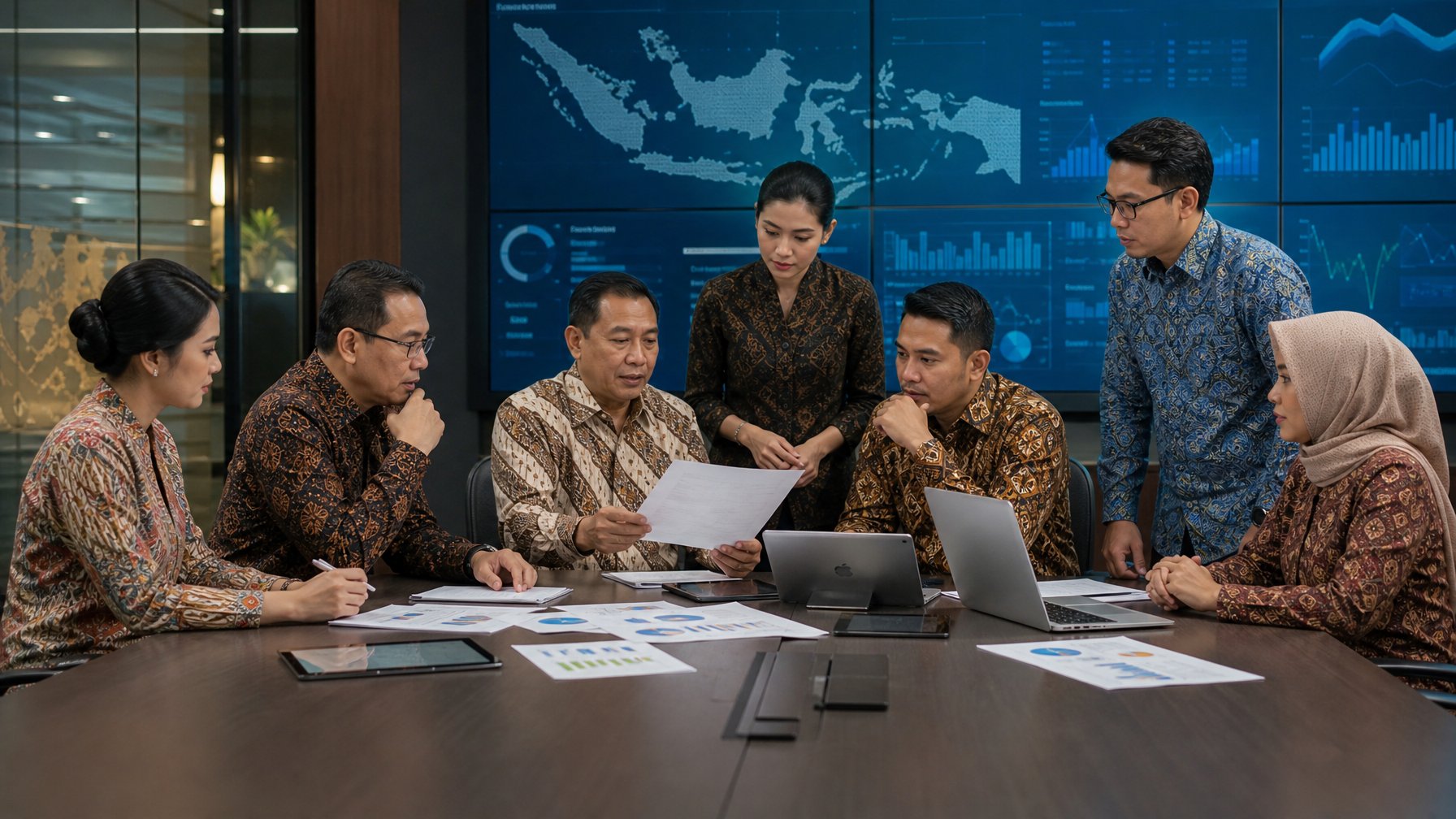 Sekelompok pejabat pemerintah Indonesia sedang rapat membahas perubahan regulasi pajak tahun 2026 di ruang konferensi.