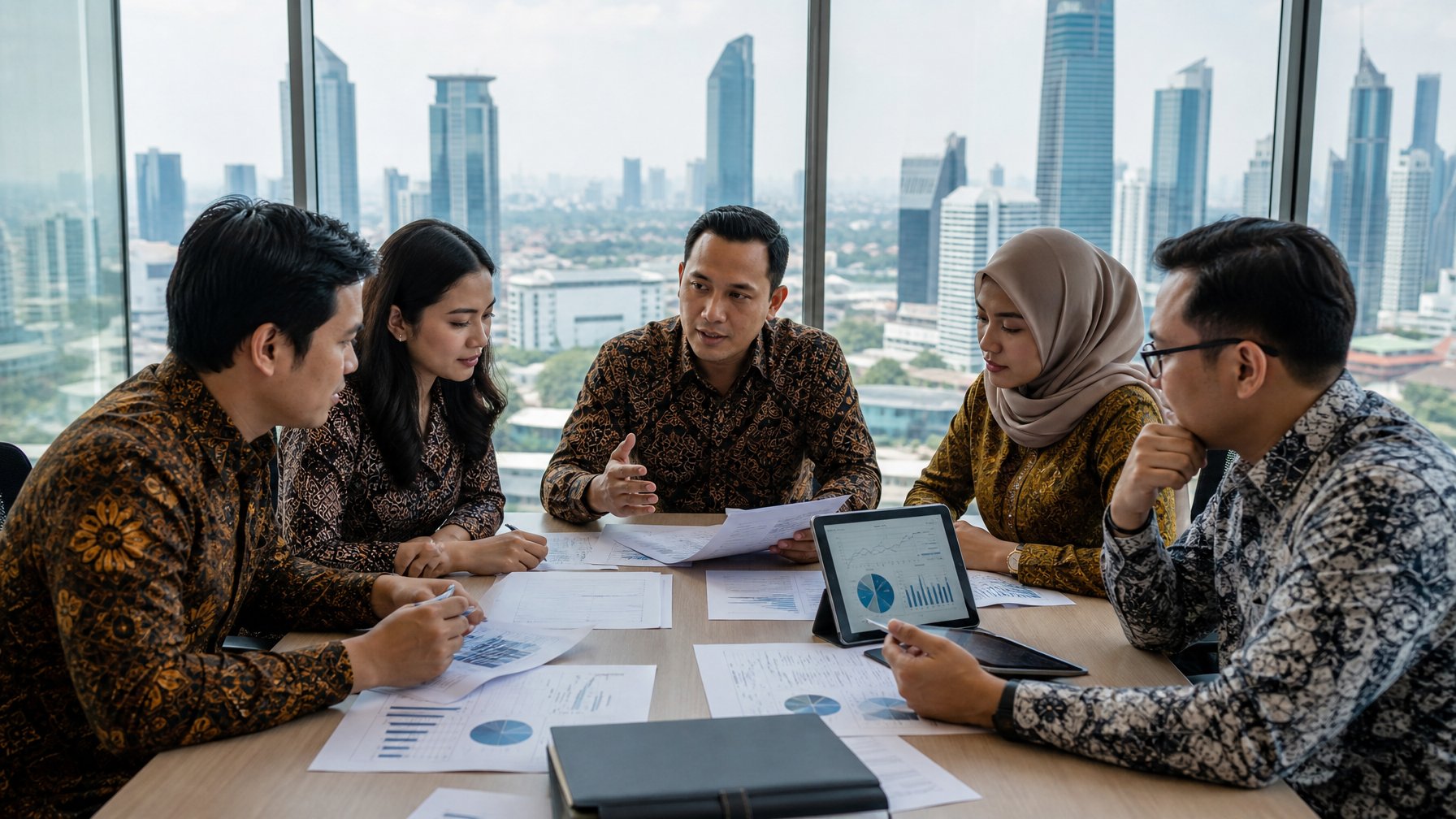 Sekelompok profesional Indonesia berdiskusi serius di kantor modern dengan dokumen dan grafik terkait perubahan regulasi pajak, latar belakang pemandangan kota Jakarta.