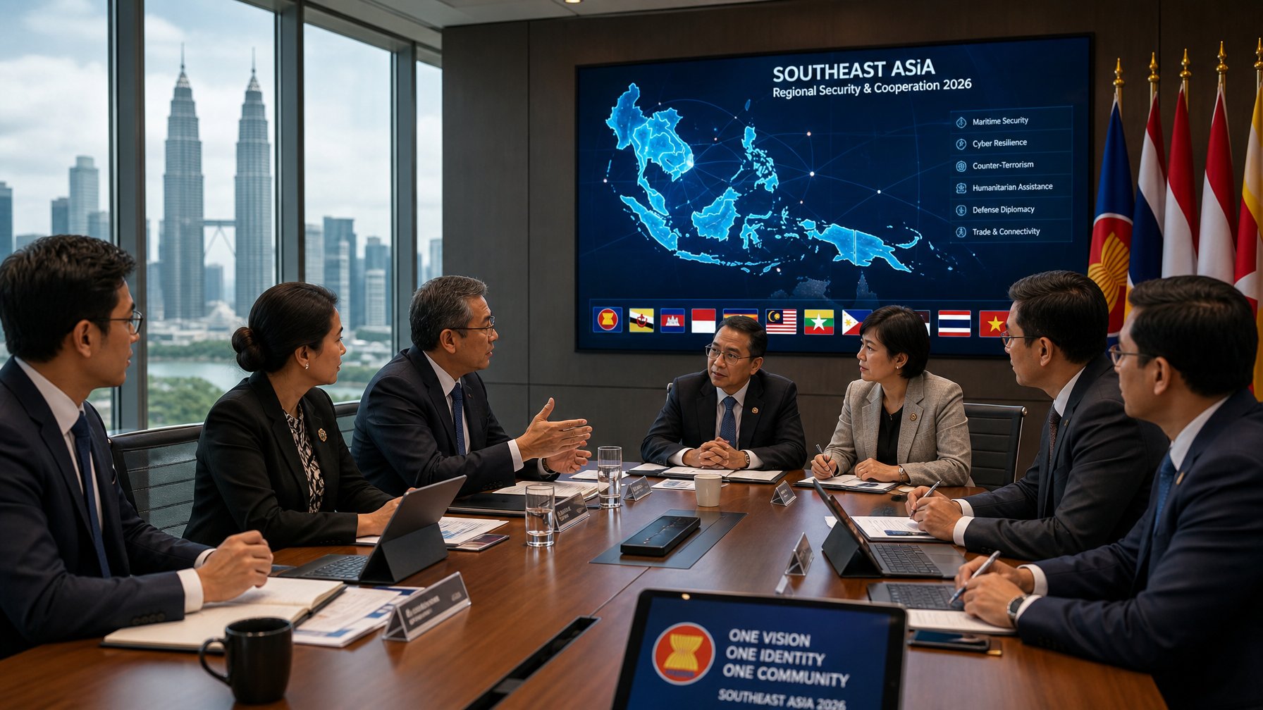 Sekelompok diplomat Asia Tenggara sedang berdiskusi serius di ruang konferensi modern dengan pemandangan kota di latar belakang.