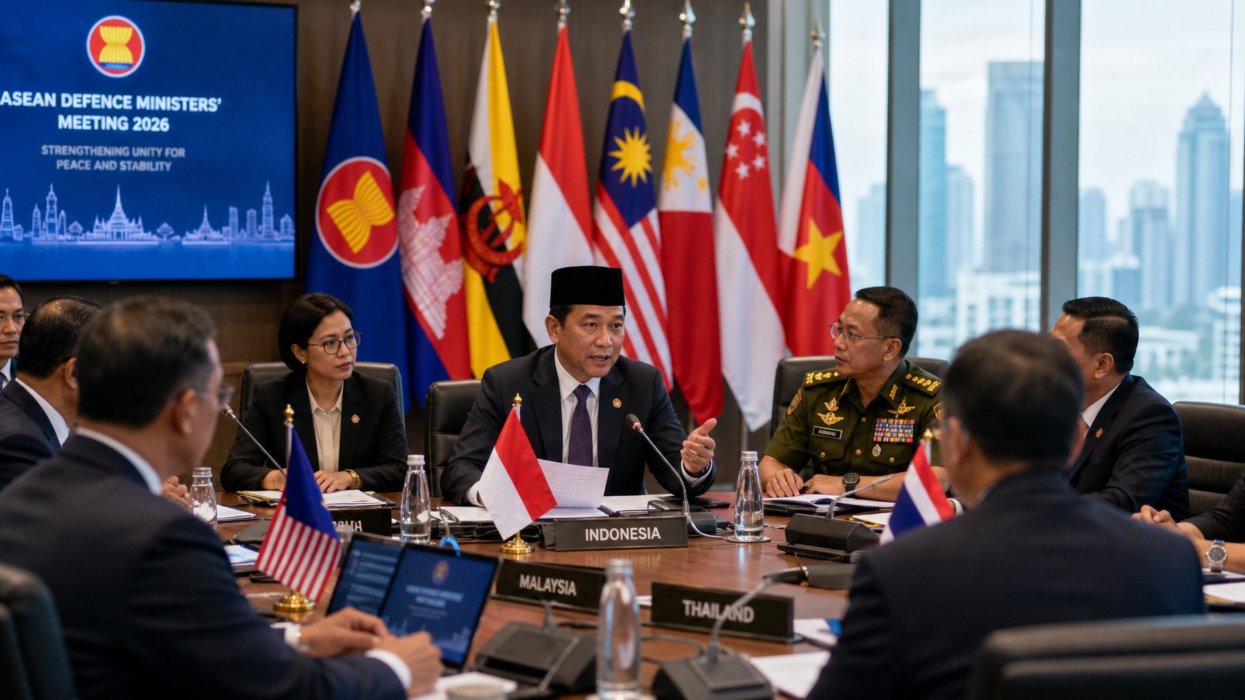 Pertemuan diplomatik antara perwakilan Asia Tenggara, dengan delegasi Indonesia yang aktif berdiskusi di ruang konferensi modern.