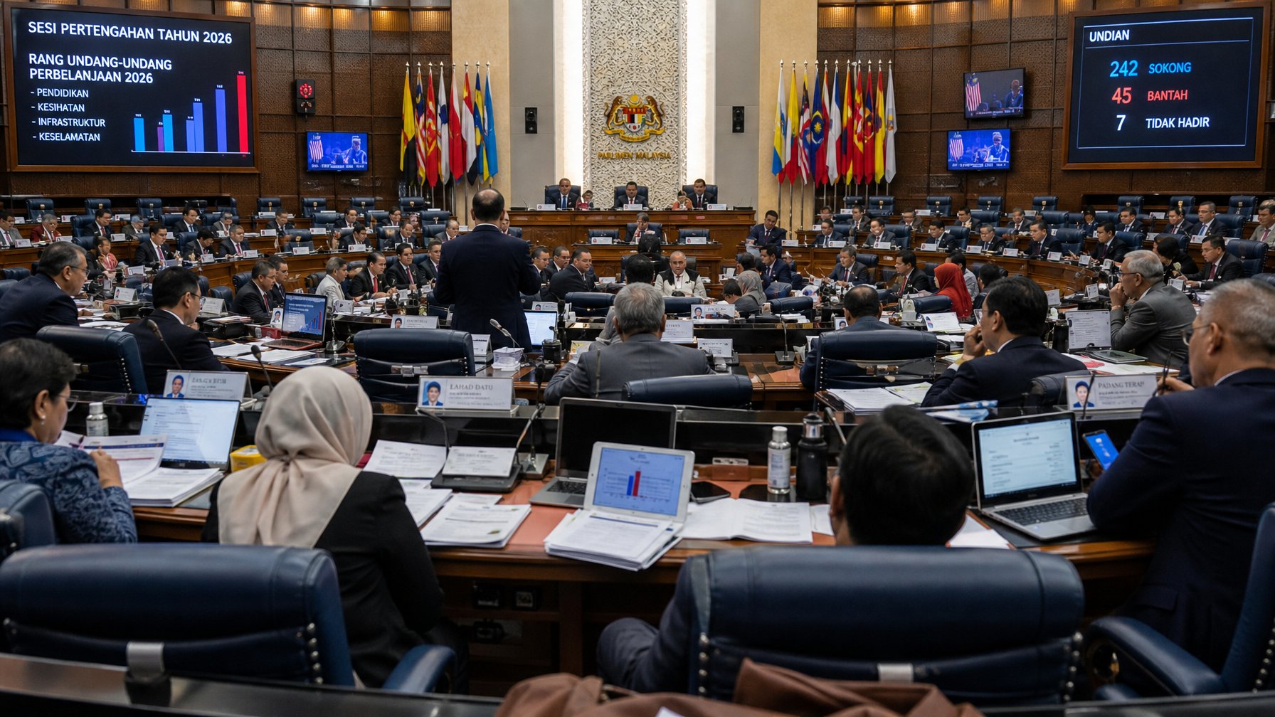 Sejumlah anggota parlemen sedang berdiskusi serius di ruang sidang DPR yang besar dan terang dengan dokumen dan layar digital di sekitarnya.