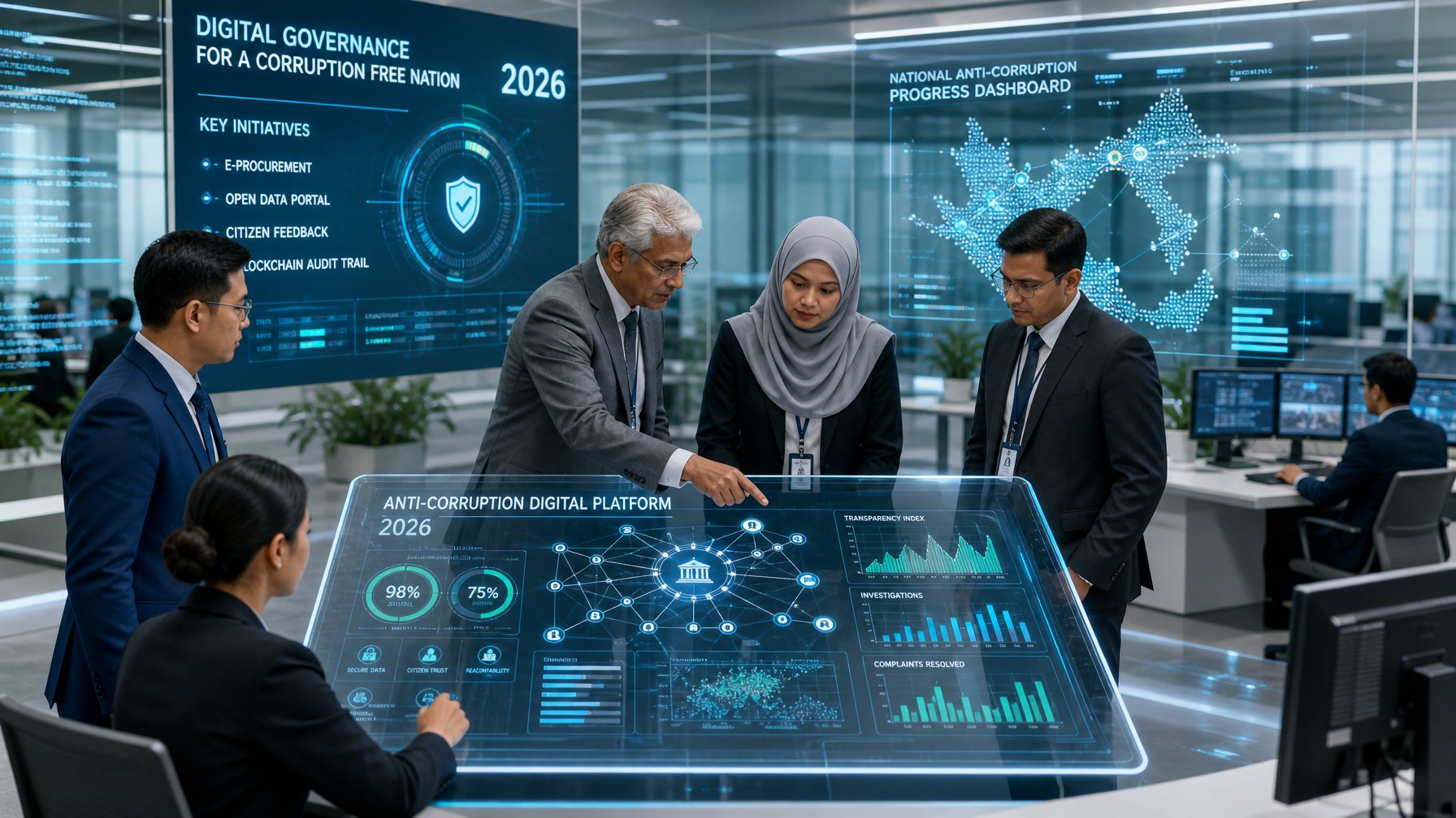 Beberapa pejabat pemerintah dan profesional IT bekerja sama di kantor modern dengan layar sentuh digital besar yang menampilkan data dan grafik.