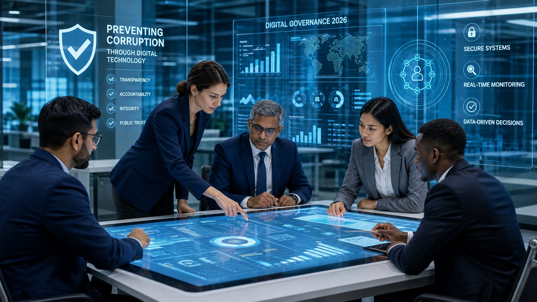 Beberapa profesional di kantor pemerintah modern sedang berdiskusi di sekitar meja digital dengan layar yang menampilkan data dan grafik terkait pencegahan korupsi.