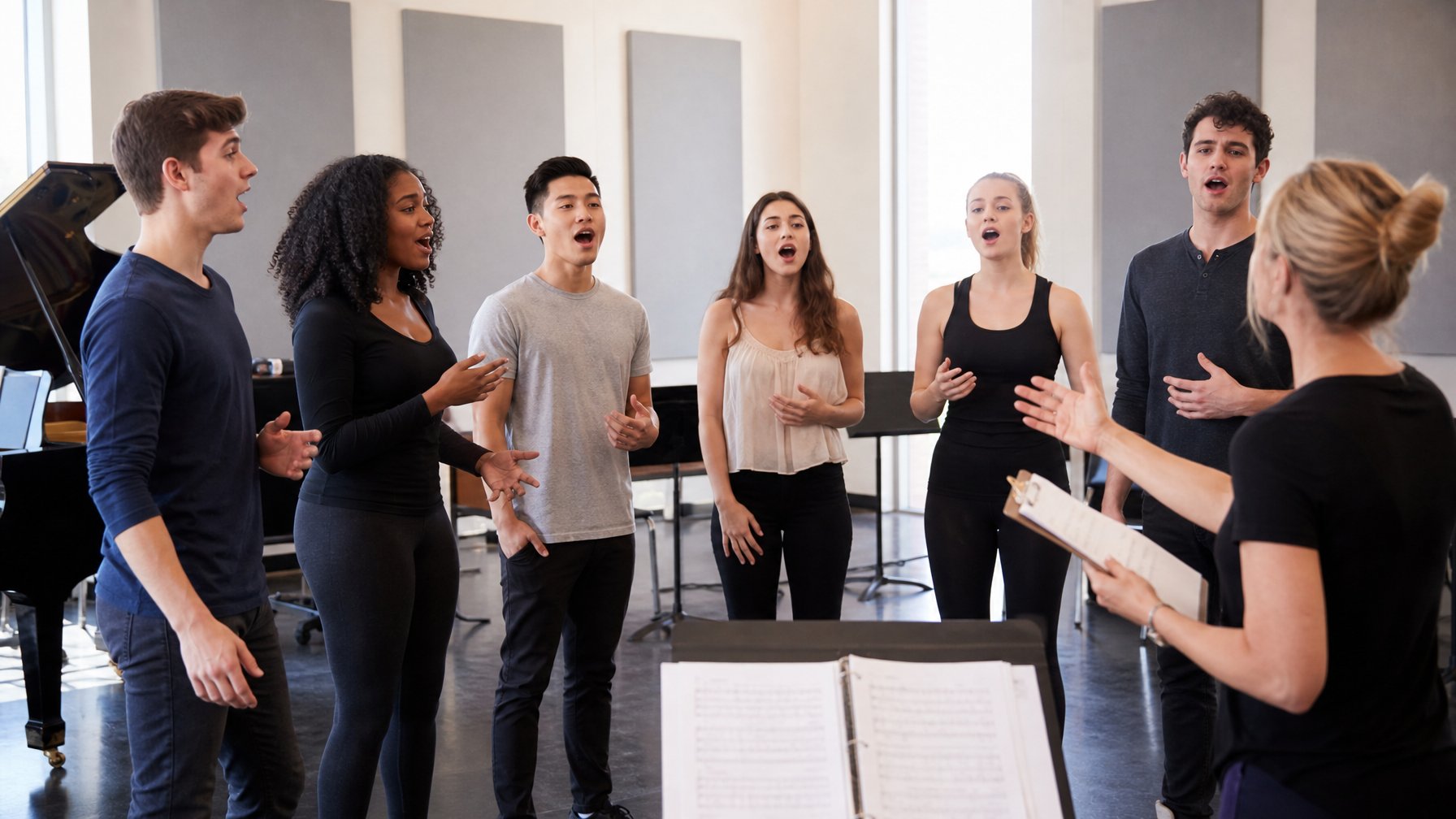 Sekelompok orang muda sedang latihan vokal bersama di studio pertunjukan teater musikal.