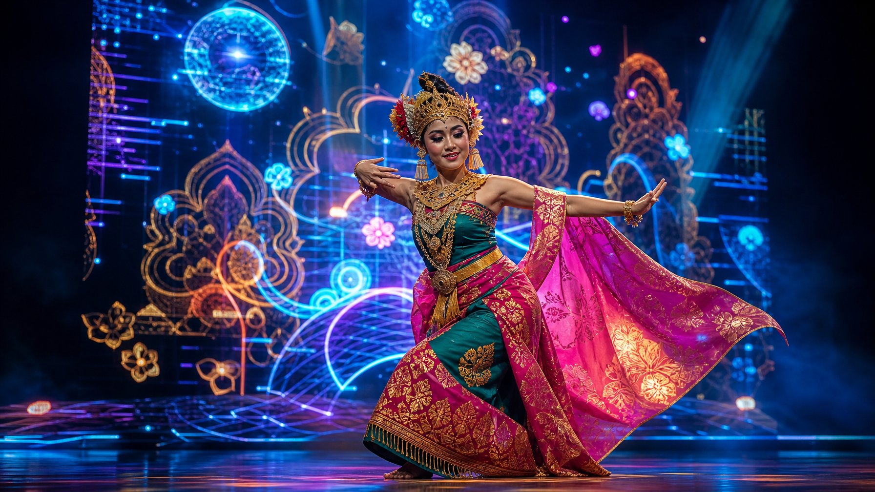 Seorang penari tradisional mengenakan kostum warna-warni menari di panggung dengan latar belakang grafis digital berwarna-warni yang menyatu dengan motif tradisional.