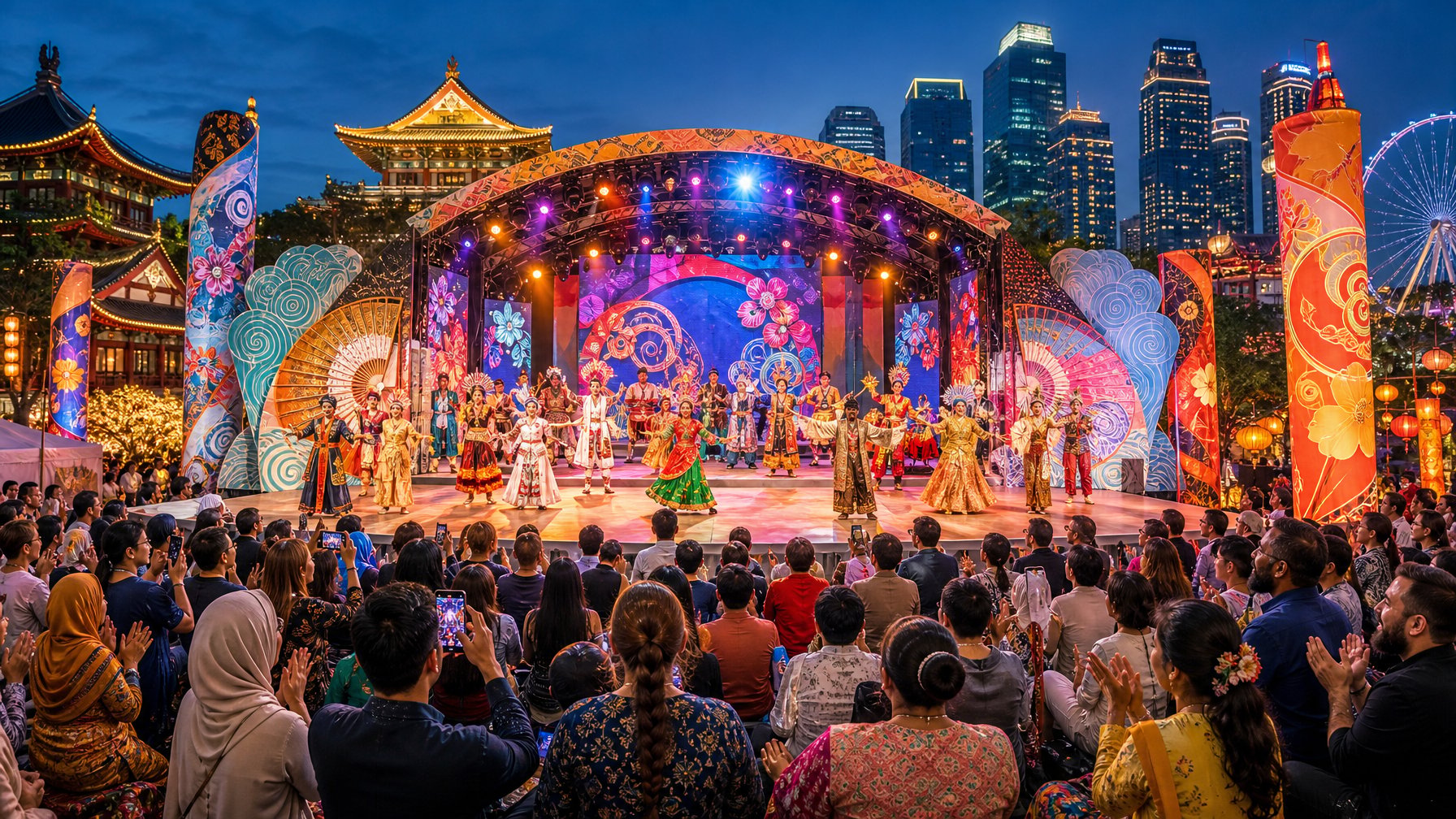Panggung seni pertunjukan luar ruangan dengan penari dan musisi mengenakan kostum tradisional Asia, dikelilingi penonton yang menikmati acara di malam hari.