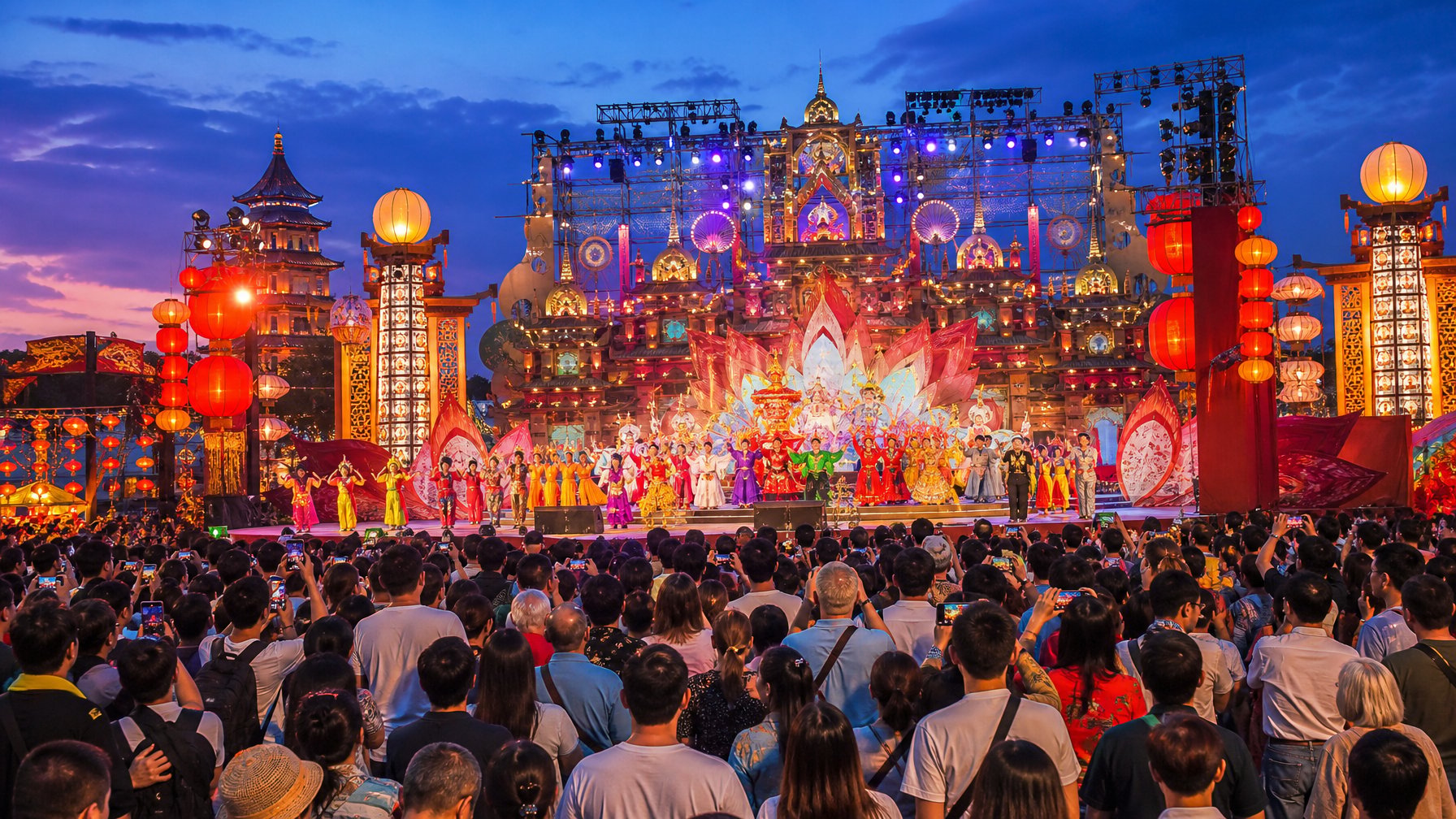 Suasana festival seni pertunjukan di Asia dengan panggung besar, penari berpakaian warna-warni, dan kerumunan pengunjung yang menikmati acara.
