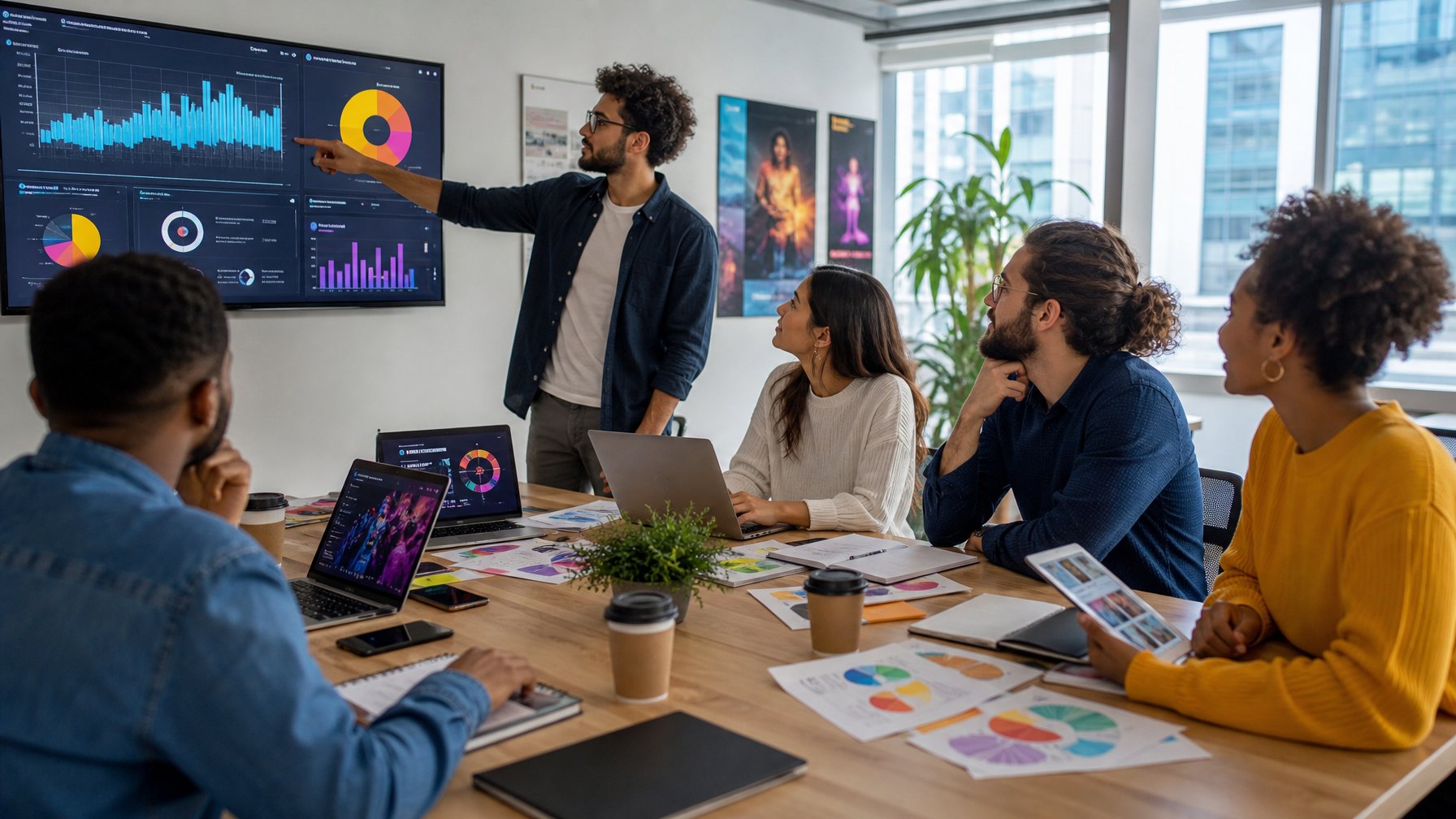 Sekelompok profesional muda sedang berdiskusi di kantor tentang strategi pemasaran digital untuk meningkatkan penjualan tiket pertunjukan seni lokal.