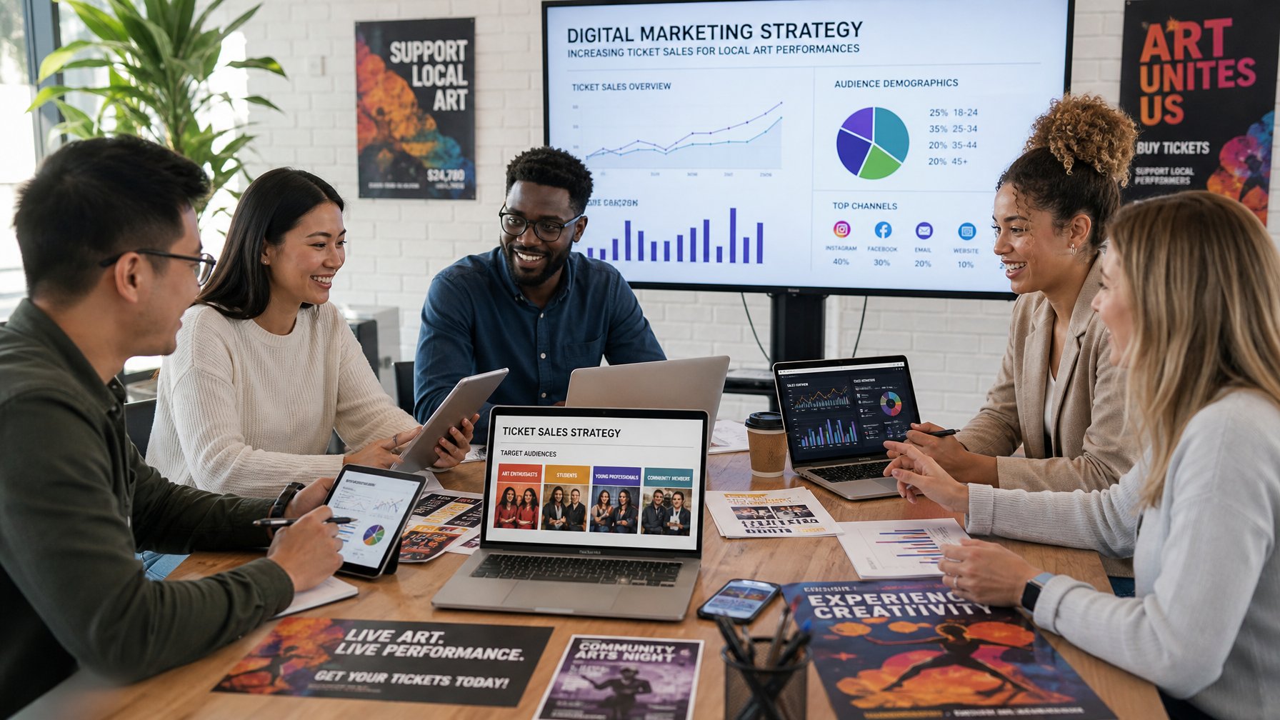 Sekelompok profesional sedang berdiskusi di ruang kantor modern dengan perangkat digital dan grafik di layar, merencanakan strategi pemasaran untuk penjualan tiket pertunjukan seni lokal.