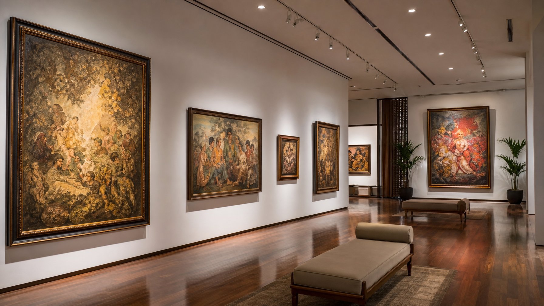 Interior galeri seni dengan lukisan langka karya maestro Indonesia yang dipajang rapi di dinding putih dengan pencahayaan hangat.