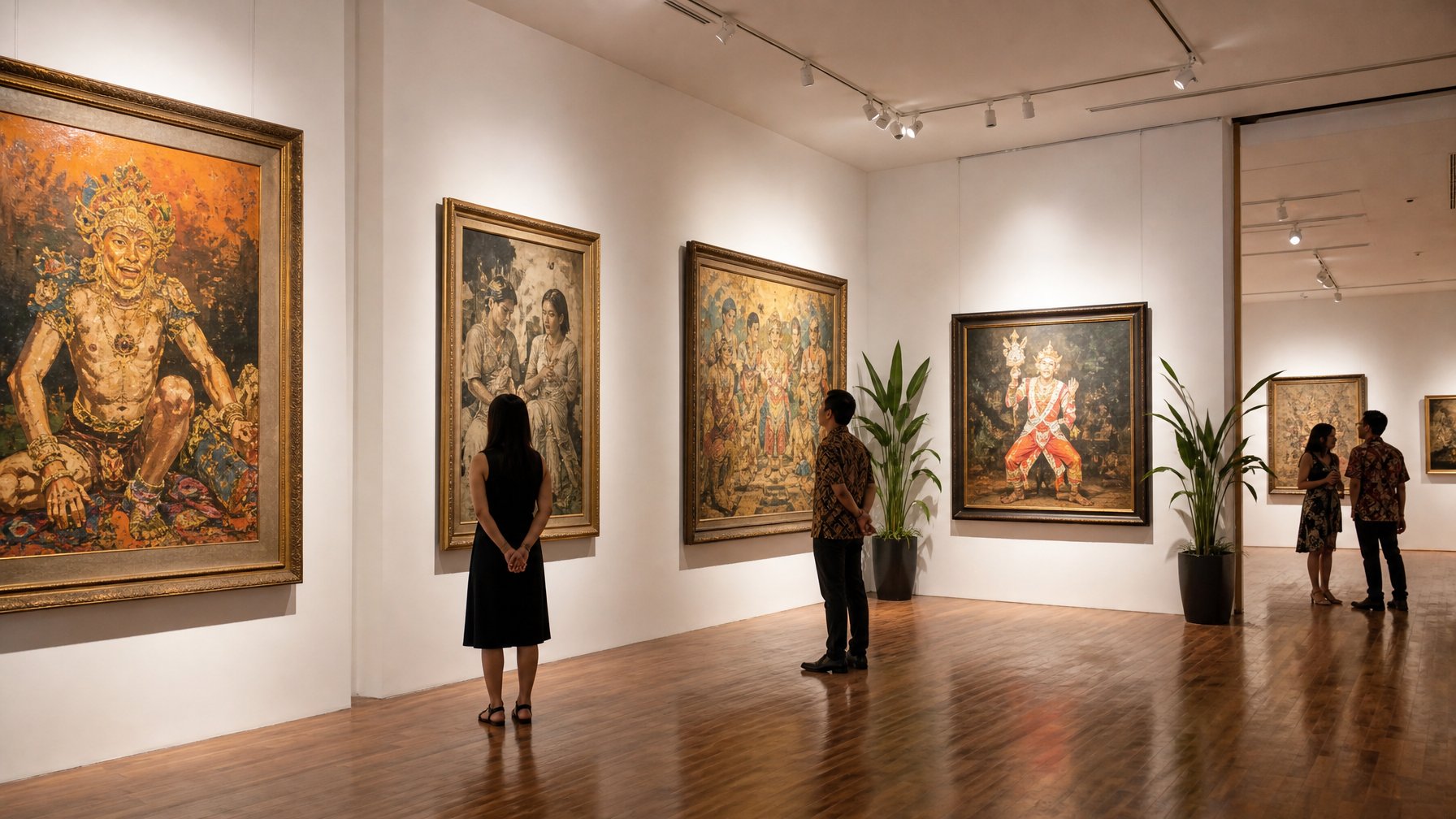 Interior galeri seni yang menampilkan lukisan langka karya maestro Indonesia dengan pengunjung yang mengagumi karya seni tersebut.