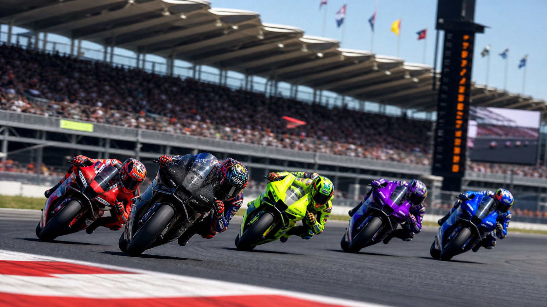 Lima pembalap MotoGP sedang berlomba ketat di lintasan balap dengan penonton di latar belakang.