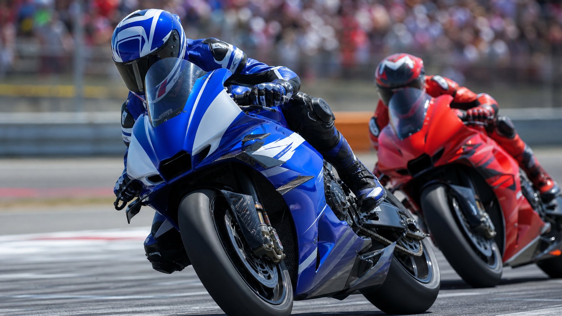 Sepeda motor Yamaha V4 berwarna biru-putih sedang melaju kencang di lintasan balap MotoGP dengan sepeda motor Ducati merah mengikuti dekat di belakang.