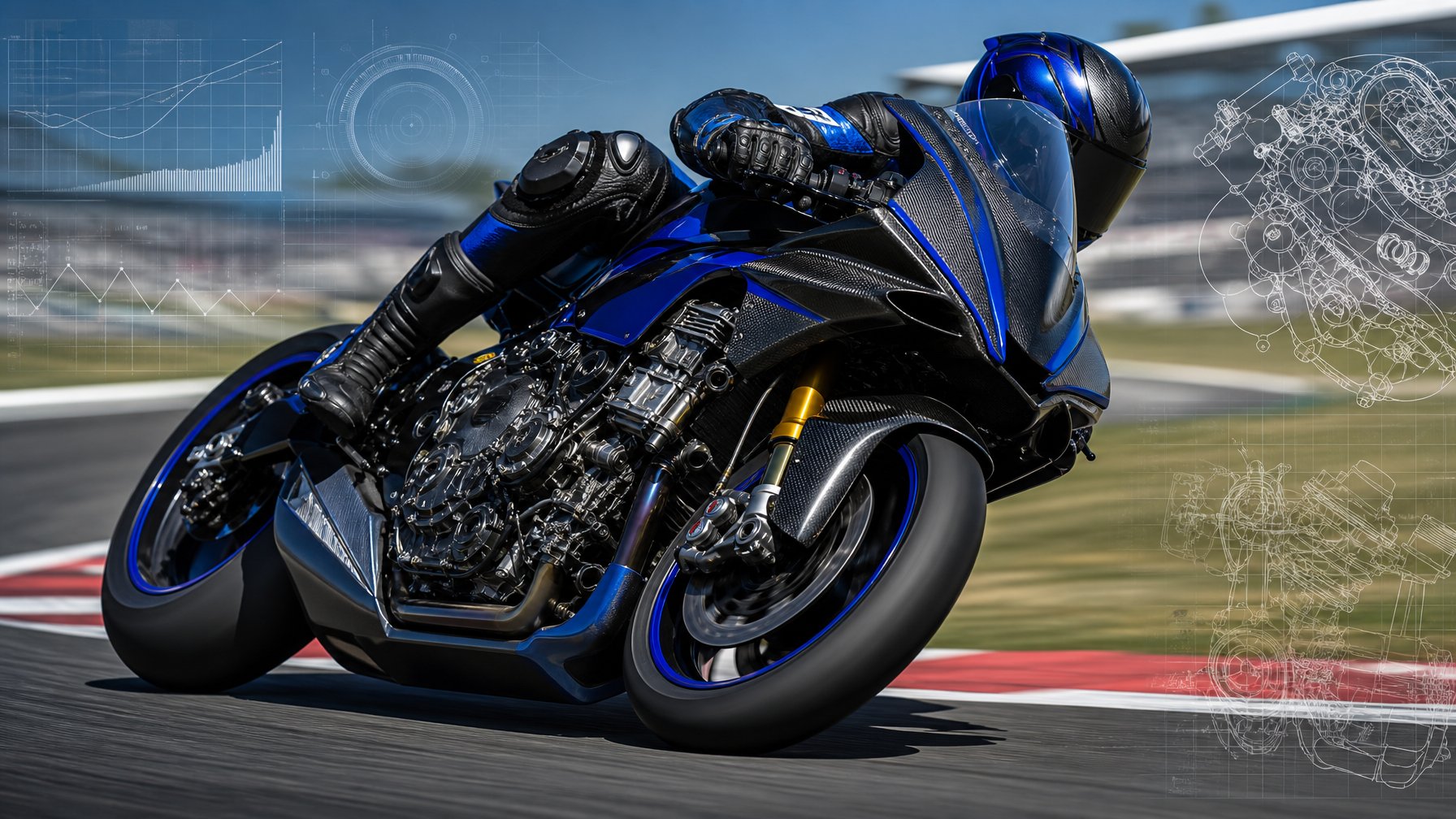 Sepeda motor balap Yamaha MotoGP dengan mesin V4 sedang melaju di lintasan balap profesional.