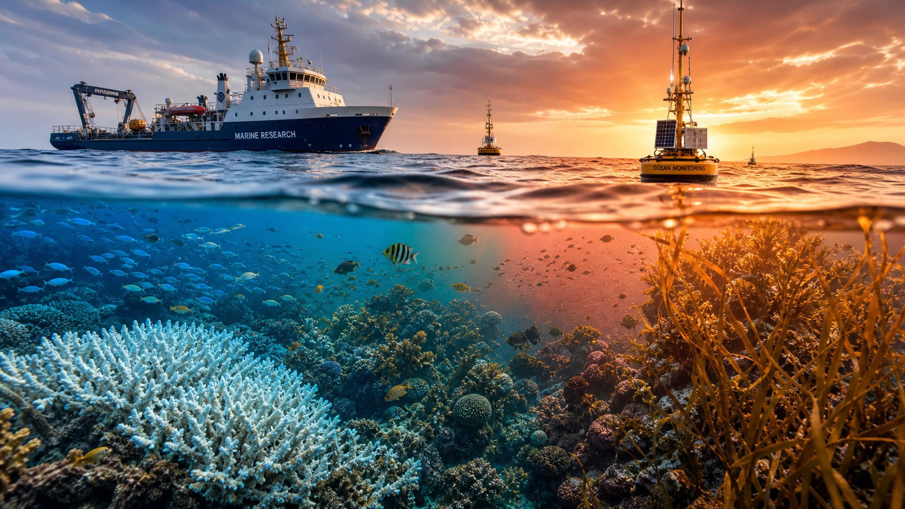 Pemandangan laut dengan terumbu karang, ikan, dan kapal penelitian yang mengamati perubahan suhu air.