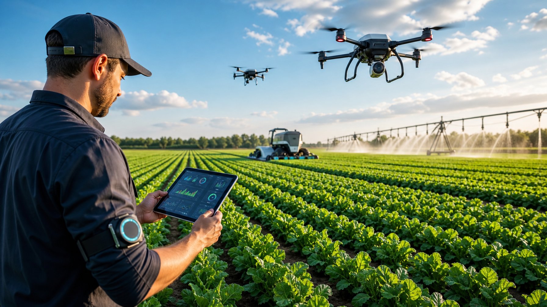 Seorang petani menggunakan tablet di ladang hijau dengan drone dan mesin pertanian otomatis di latar belakang.