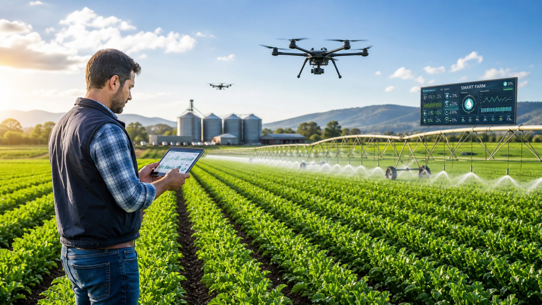 Seorang petani menggunakan tablet di ladang hijau dengan drone terbang dan sistem irigasi otomatis di latar belakang.
