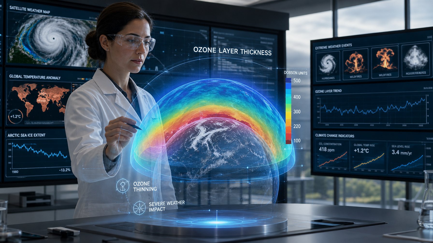 Seorang ilmuwan di laboratorium modern sedang memeriksa tampilan holografik lapisan ozon dan data cuaca ekstrem di layar besar.