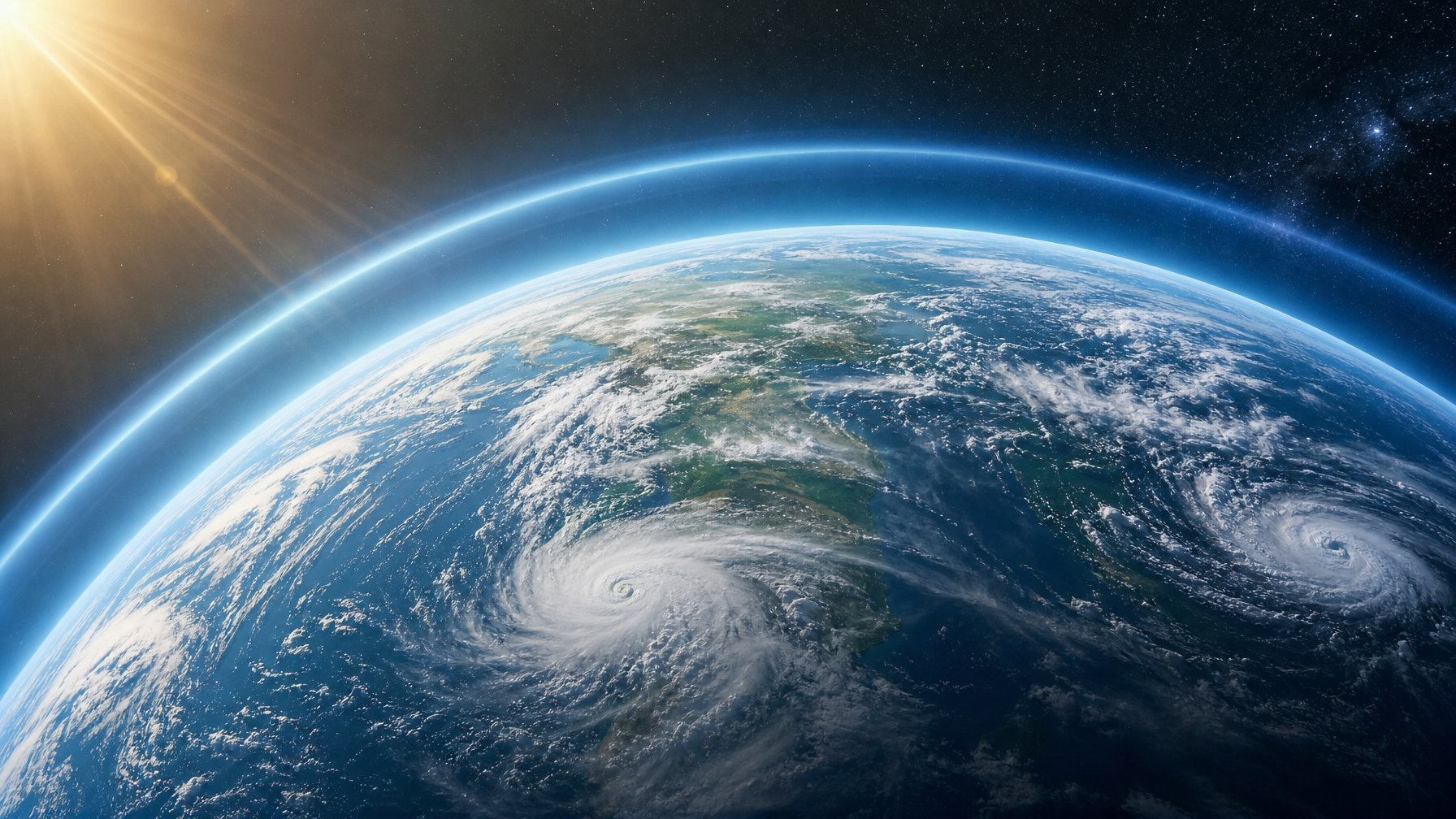 Gambaran Bumi dari luar angkasa dengan lapisan ozon yang melingkari planet dan pola cuaca ekstrem di atmosfer.