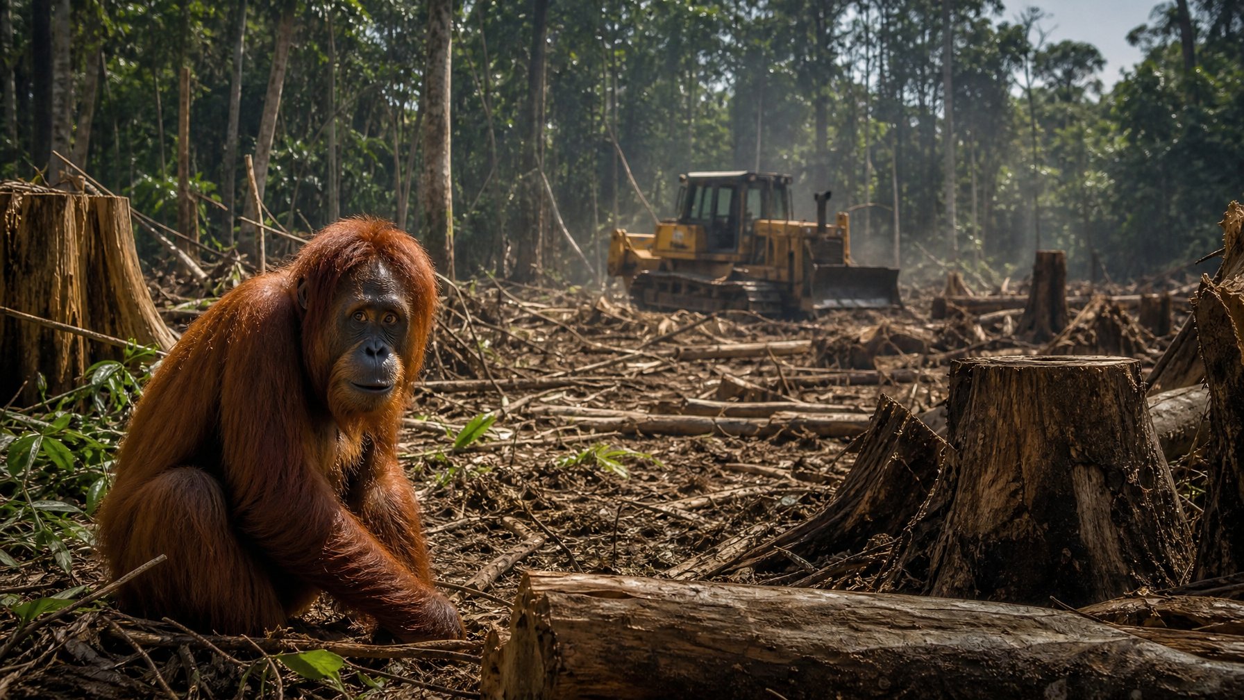Seekor satwa langka di hutan yang sebagian sudah ditebang, dengan alat berat sedang membersihkan area hutan di latar belakang.