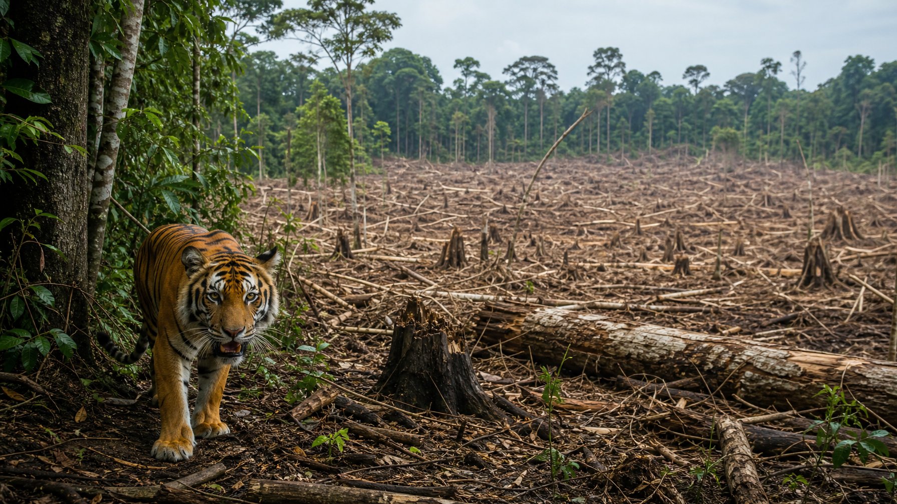 Hutan tropis yang sebagian telah ditebang dengan seekor harimau sumatra yang terlihat terancam di tepi hutan.