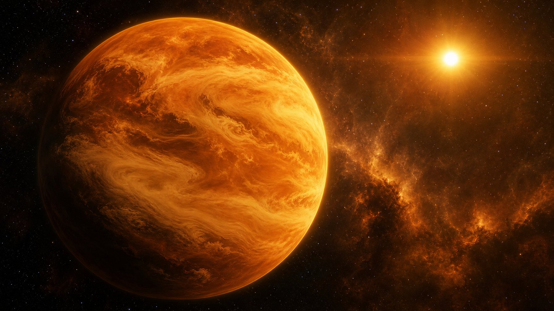Gambaran planet Venus dengan awan tebal berwarna kuning dan oranye, dikelilingi ruang angkasa gelap dengan bintang dan matahari yang bersinar di kejauhan.