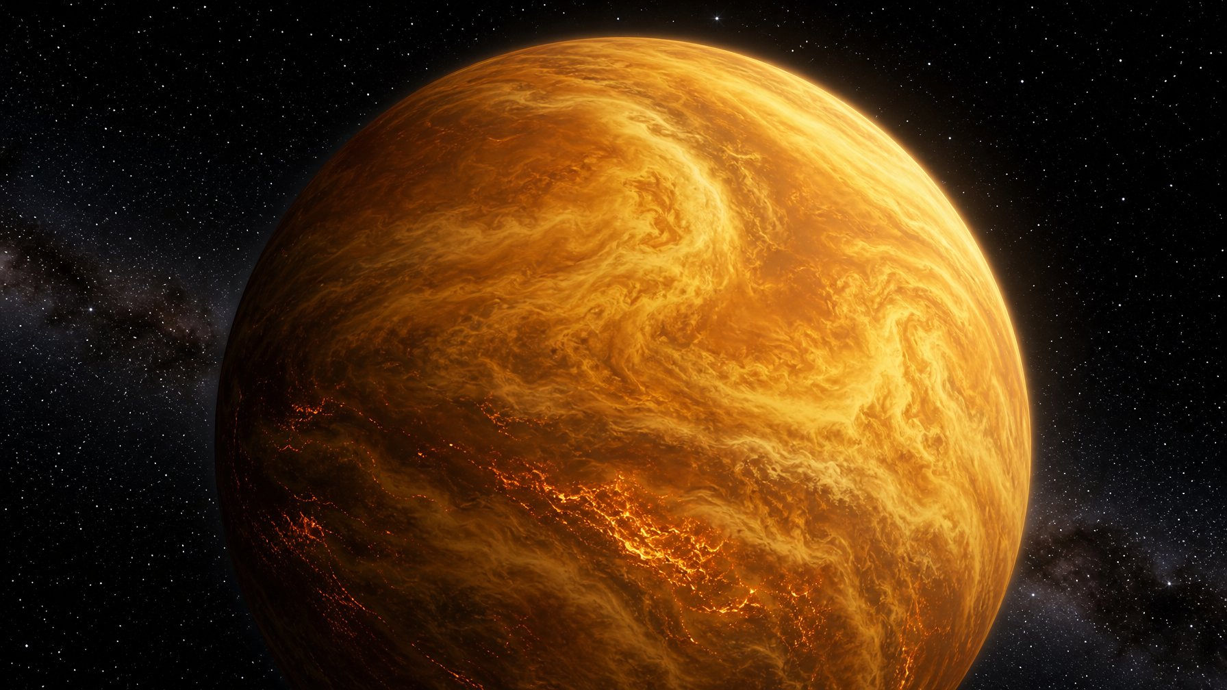 Gambaran planet Venus dengan atmosfer tebal berwarna kuning-oranye dan latar belakang luar angkasa gelap dengan bintang-bintang.