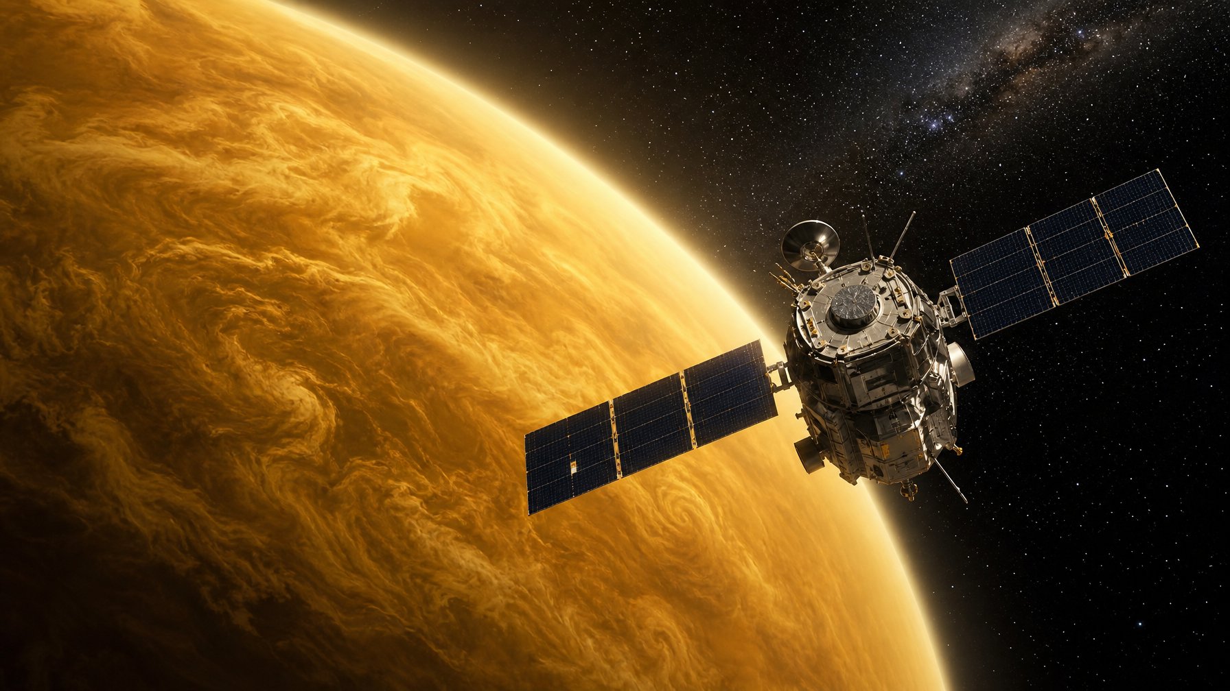 Sebuah pesawat ruang angkasa modern mengorbit planet Venus yang berwarna kuning dengan latar belakang bintang-bintang di luar angkasa.