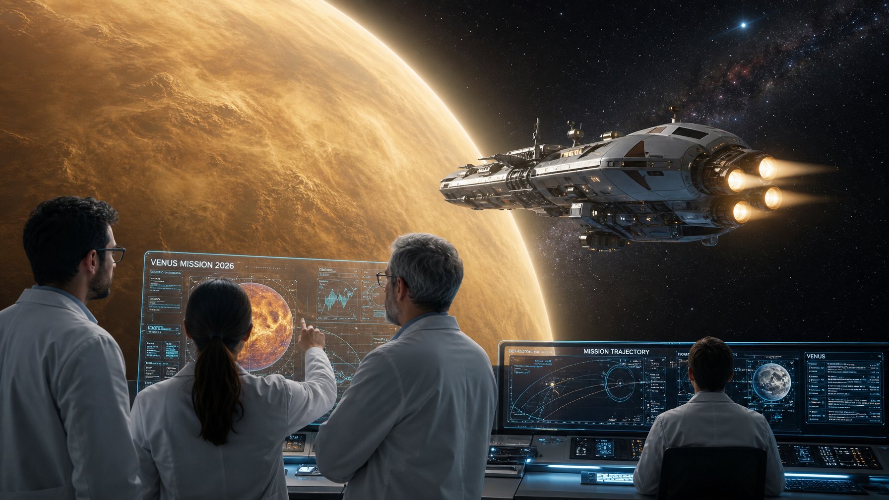 Pesawat luar angkasa mendekati planet Venus dengan atmosfer kuning tebal, sementara ilmuwan menganalisis data pada layar digital di latar depan.