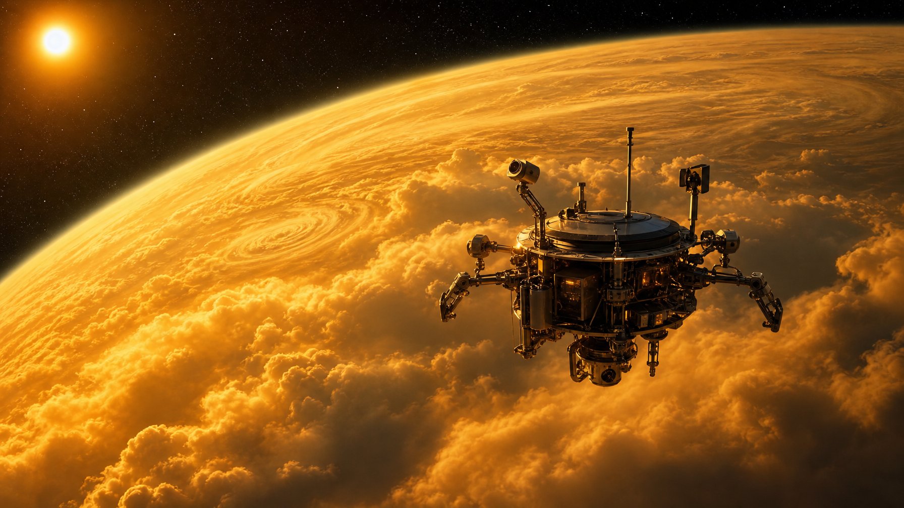 Pandangan dekat atmosfer Venus dengan awan tebal berwarna kuning dan oranye, serta sebuah probe ilmiah futuristik yang mengambang di dalam awan tersebut.