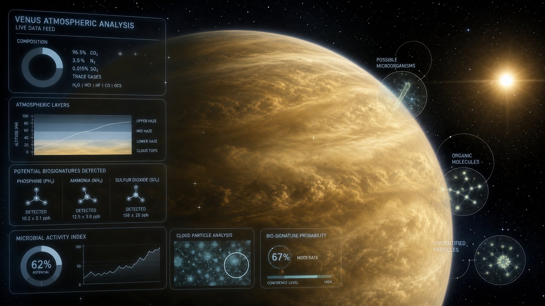 Gambaran planet Venus dengan awan tebal berwarna kuning dan alat ilmiah futuristik yang menunjukkan temuan tentang kemungkinan kehidupan di atmosfernya.