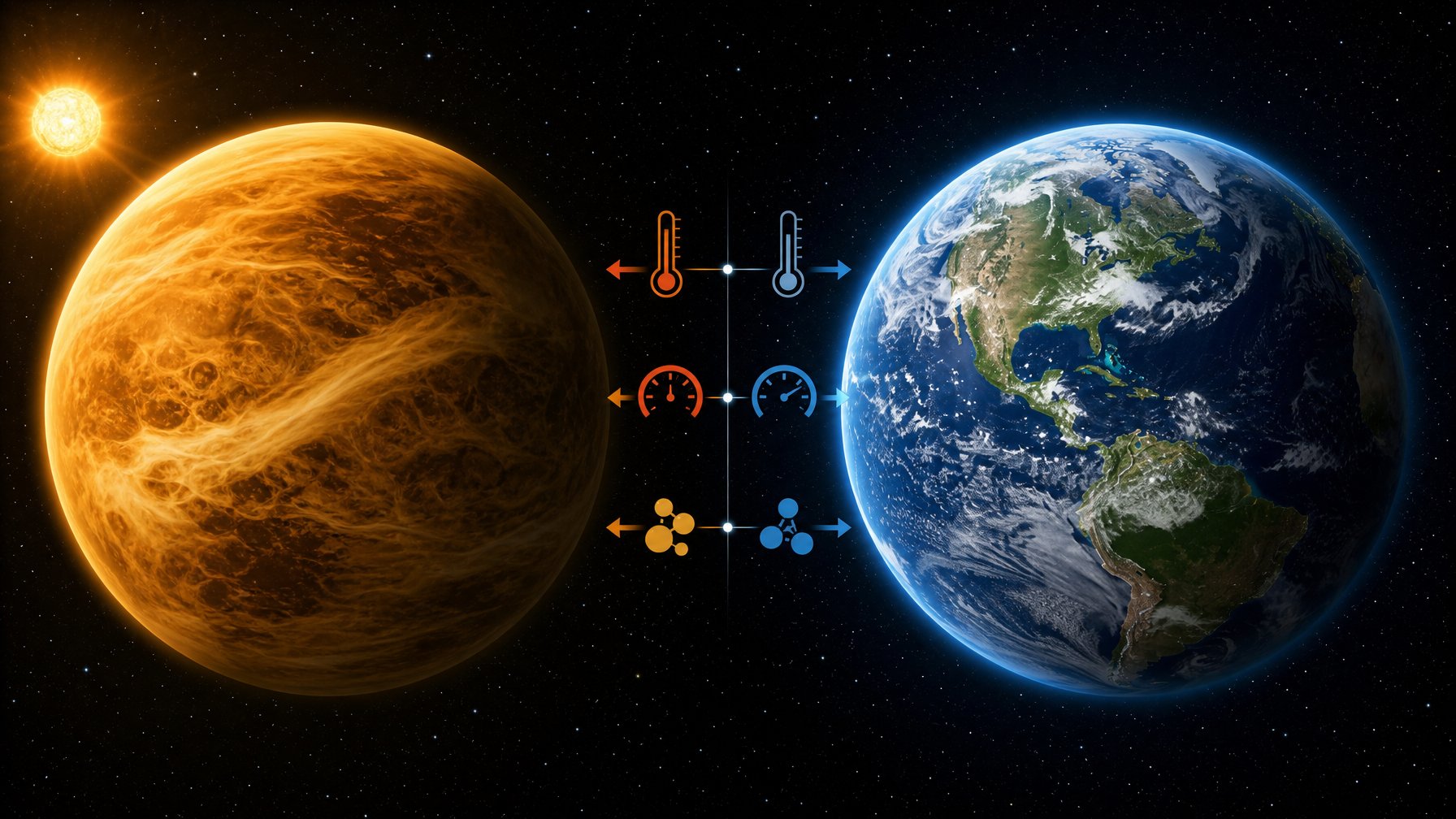 Gambar perbandingan atmosfer Venus dengan Bumi, menampilkan Venus dengan awan tebal berwarna kuning dan Bumi dengan lautan biru serta awan putih dari luar angkasa.
