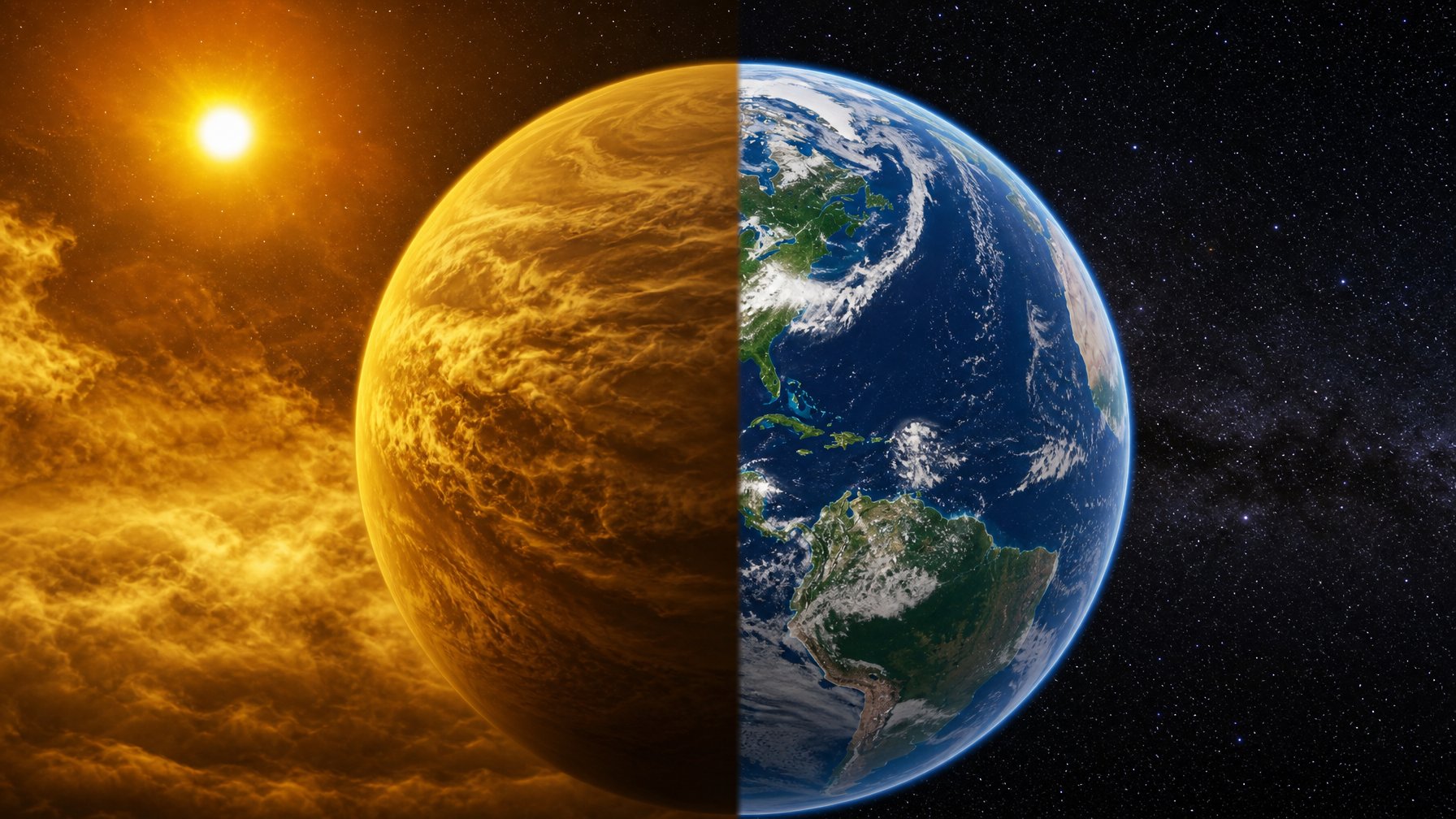 Gambaran perbandingan atmosfer Venus yang tebal dan kuning dengan atmosfer Bumi yang biru dan berawan, di latar belakang ruang angkasa gelap dengan bintang.