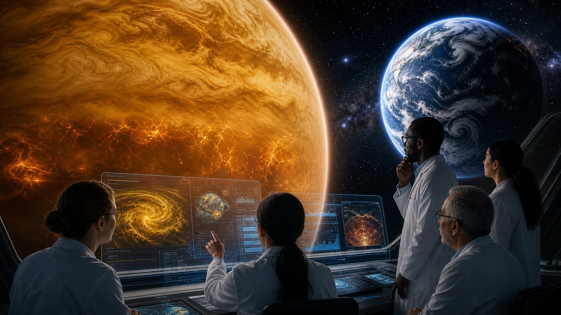 Ilustrasi planet Venus dengan awan tebal berwarna kuning-oranye dan permukaan panas, bersama sekelompok ilmuwan yang mengamati data iklim di layar digital dengan Bumi terlihat di latar belakang.