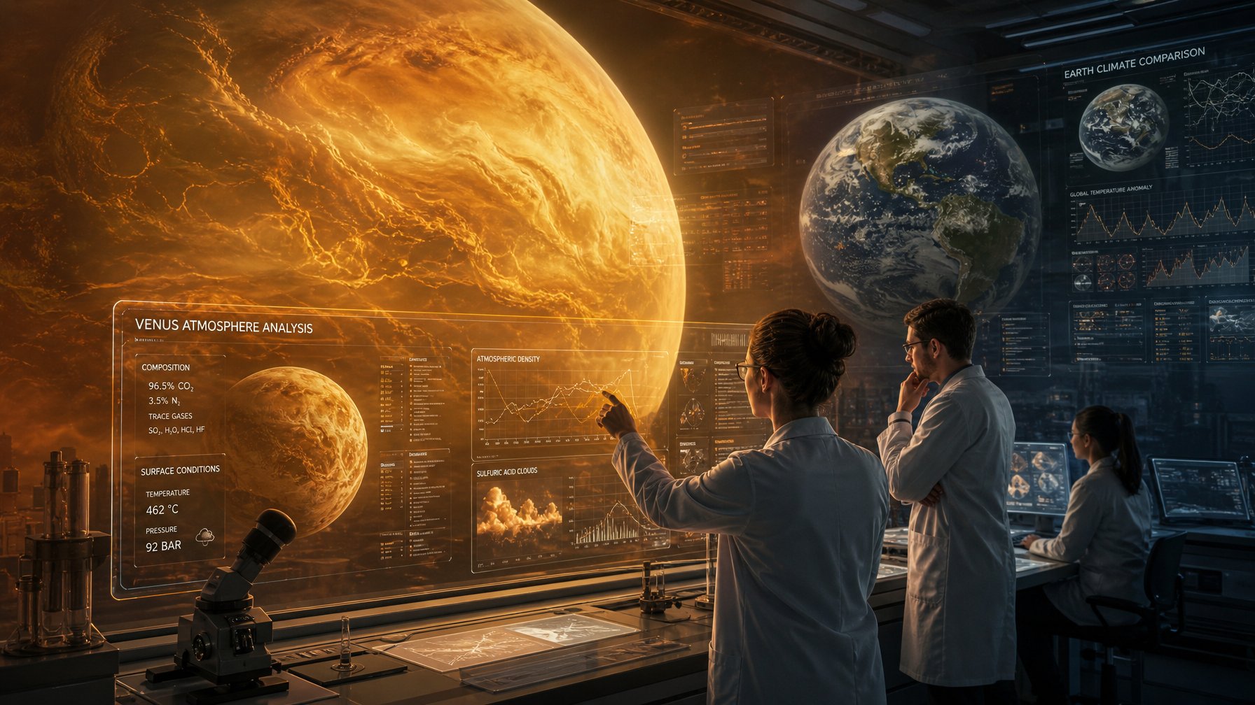 Ilustrasi planet Venus dengan atmosfer tebal berwarna kuning-oranye dan ilmuwan yang sedang menganalisis data iklim dengan layar teknologi tinggi, menunjukkan hubungan antara atmosfer Venus dan penelitian iklim Bumi.