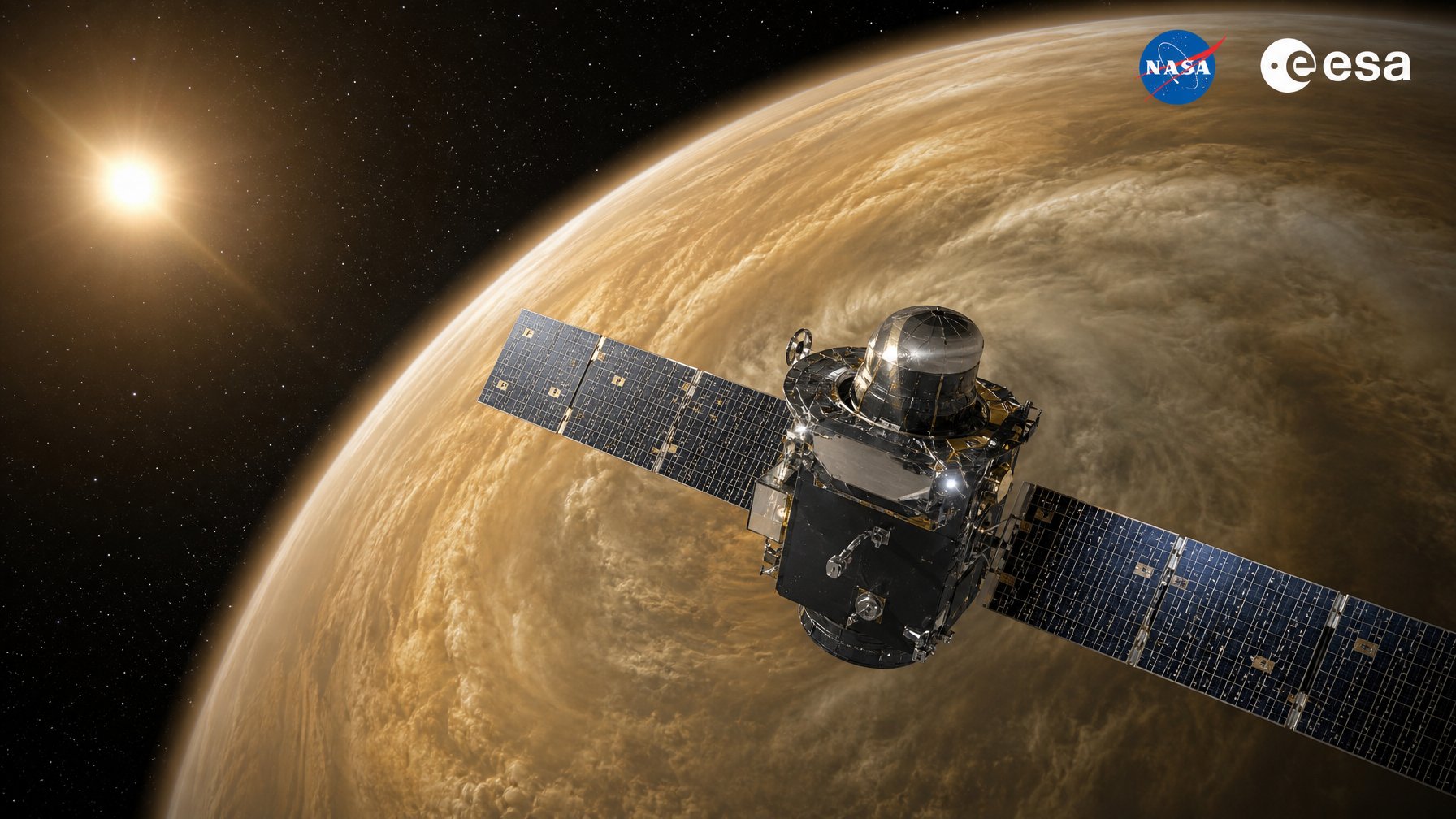 Sebuah pesawat ruang angkasa mengorbit planet Venus dengan awan tebal berwarna kuning, di latar belakang bintang-bintang di luar angkasa.