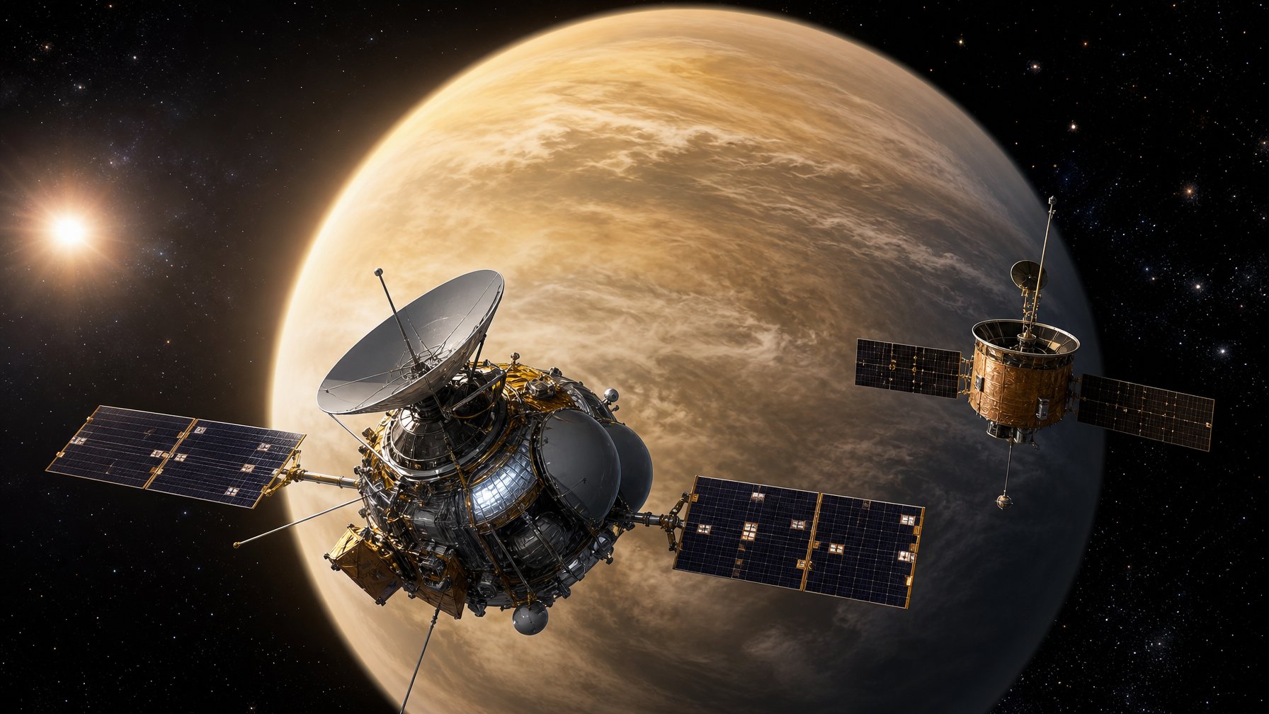 Pesawat luar angkasa NASA dan ESA mengorbit dekat planet Venus yang berawan di luar angkasa.