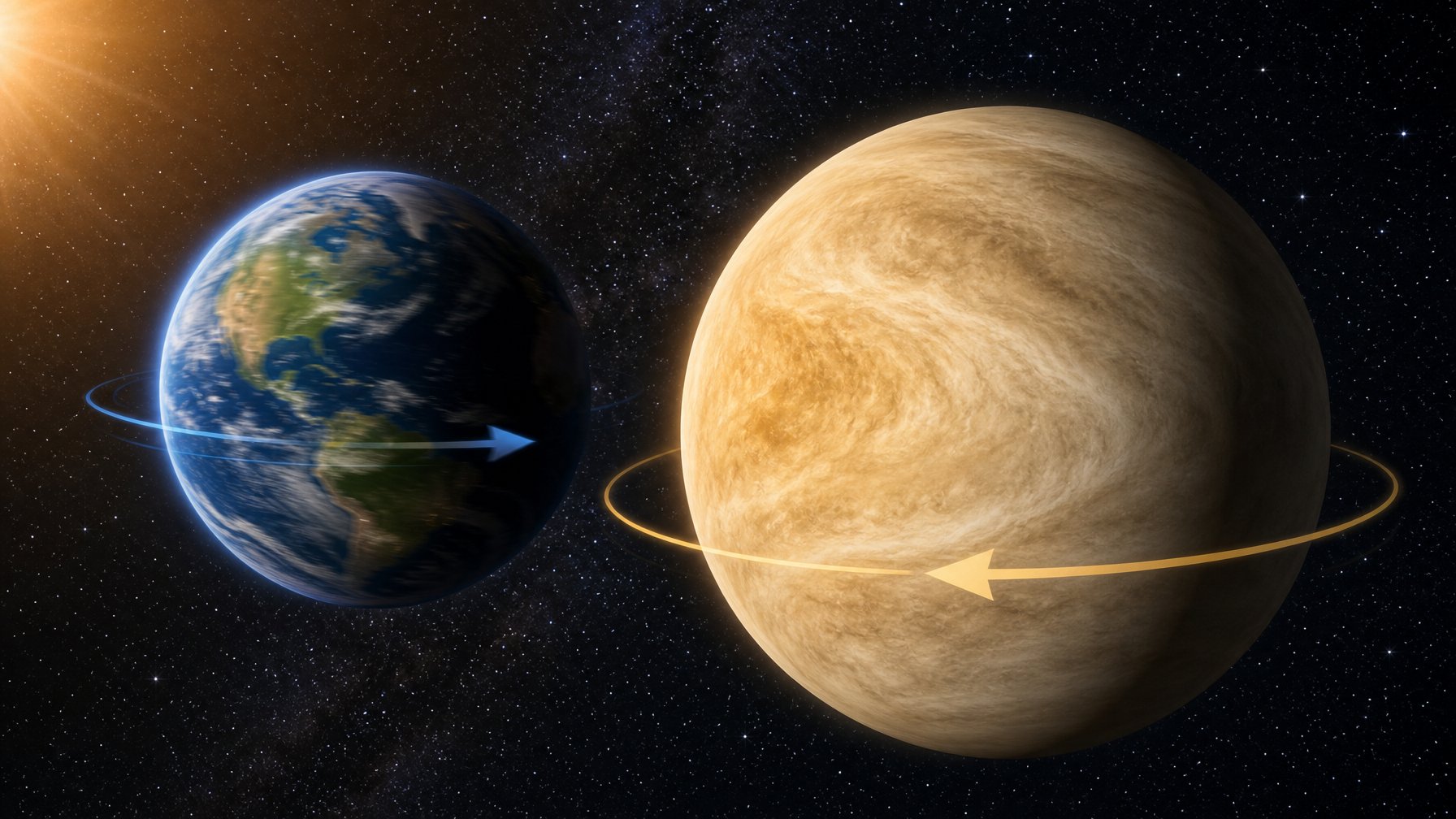 Gambaran planet Venus di luar angkasa dengan awan tebal dan panah yang menunjukkan rotasi lambat dan berlawanan arah, dengan Bumi di latar belakang.